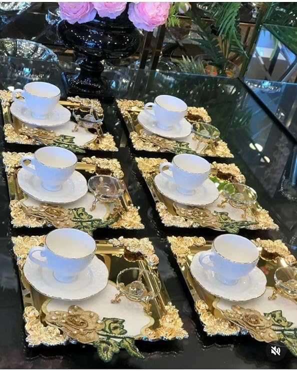 6'Lı Kahve & Çay & Sunum Tepsisi Metal Döküm Gül Model Gold