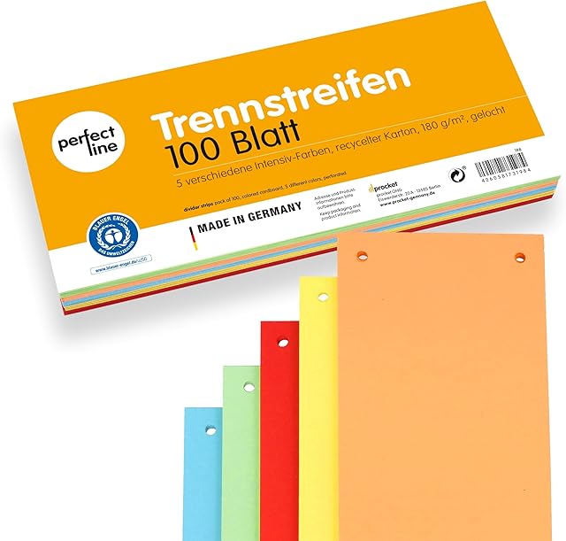 perfect line 100 Paper Separation Strips, Folder separators in 5 Intense Colours, Sorted, 180 g/m², Perfect Way to organise folders in Office & at Home