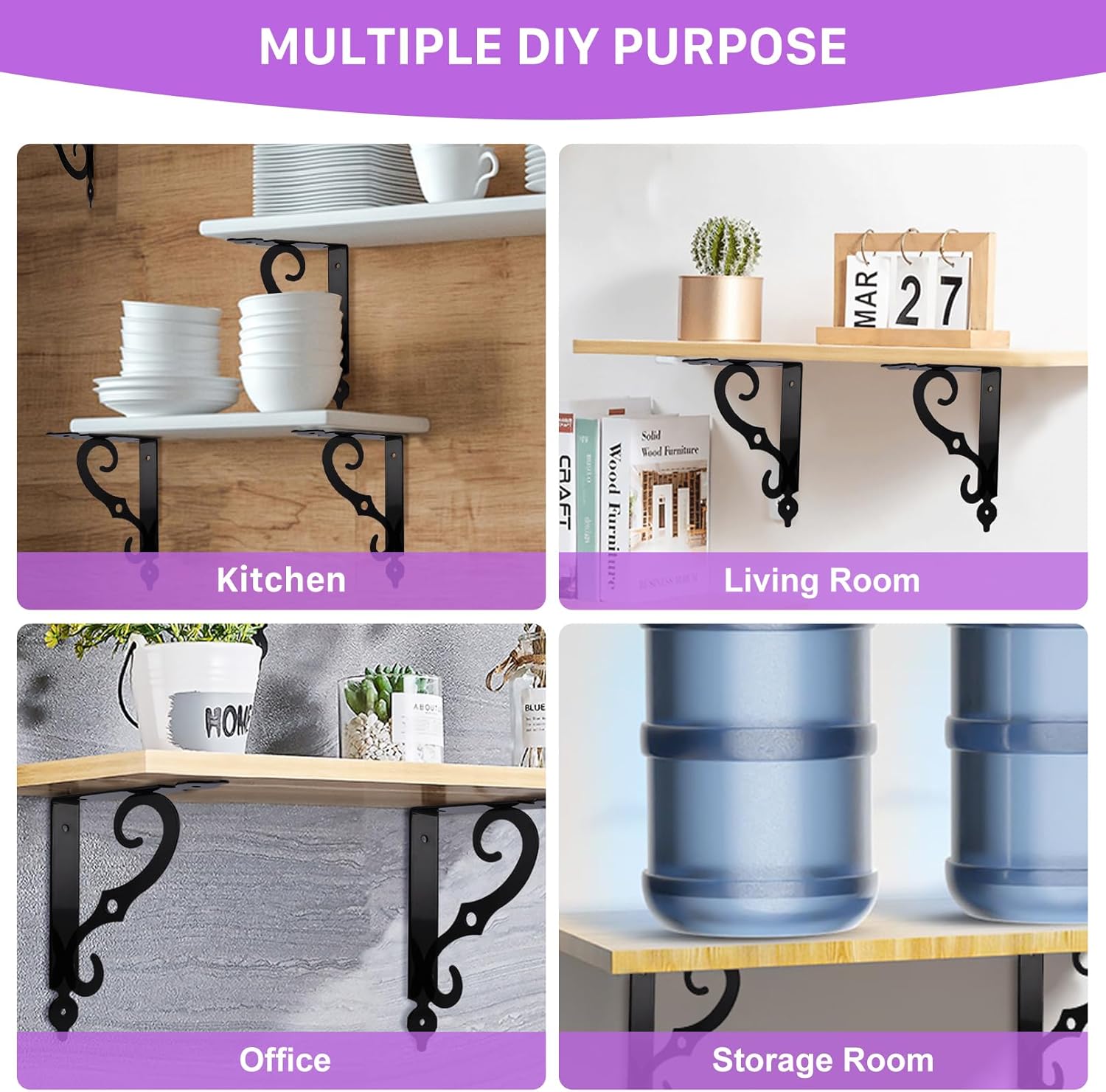 Jeffbaubl 10 Pack Decorative Shelf Brackets, 7.4 Inch L Shape Wall Mounted Shelf Support, Heavy Duty Metal Corner Brace Right Angle Bracket with Screws and Wall Anchors, Black