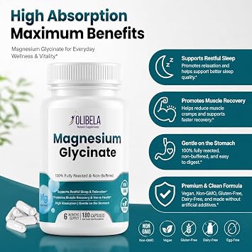 Magnesium Glycinate 1,420mg Complex 100% Fully Reacted & Non-Buffered Chelate for Restful Sleep, Relaxation & Muscle Recovery 180 Veggie Capsules High Absorption, Gentle on Stomach | Olibela