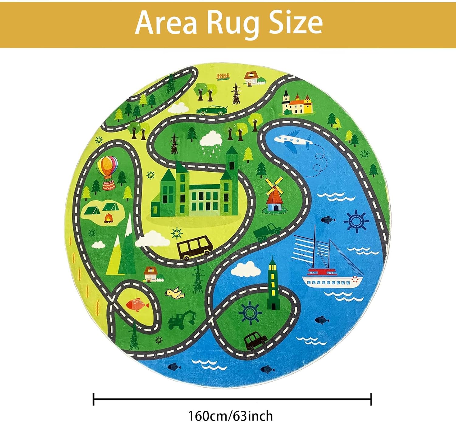 ABREEZE Round Kids Rugs 5.3ft, Faux Wool Kids Road Traffic Area Rugs Non-Slip Childrens Crawling Carpet Colorful Educational & Fun Throw Rug for Living Room Bedroom Playroom Nursery Decor