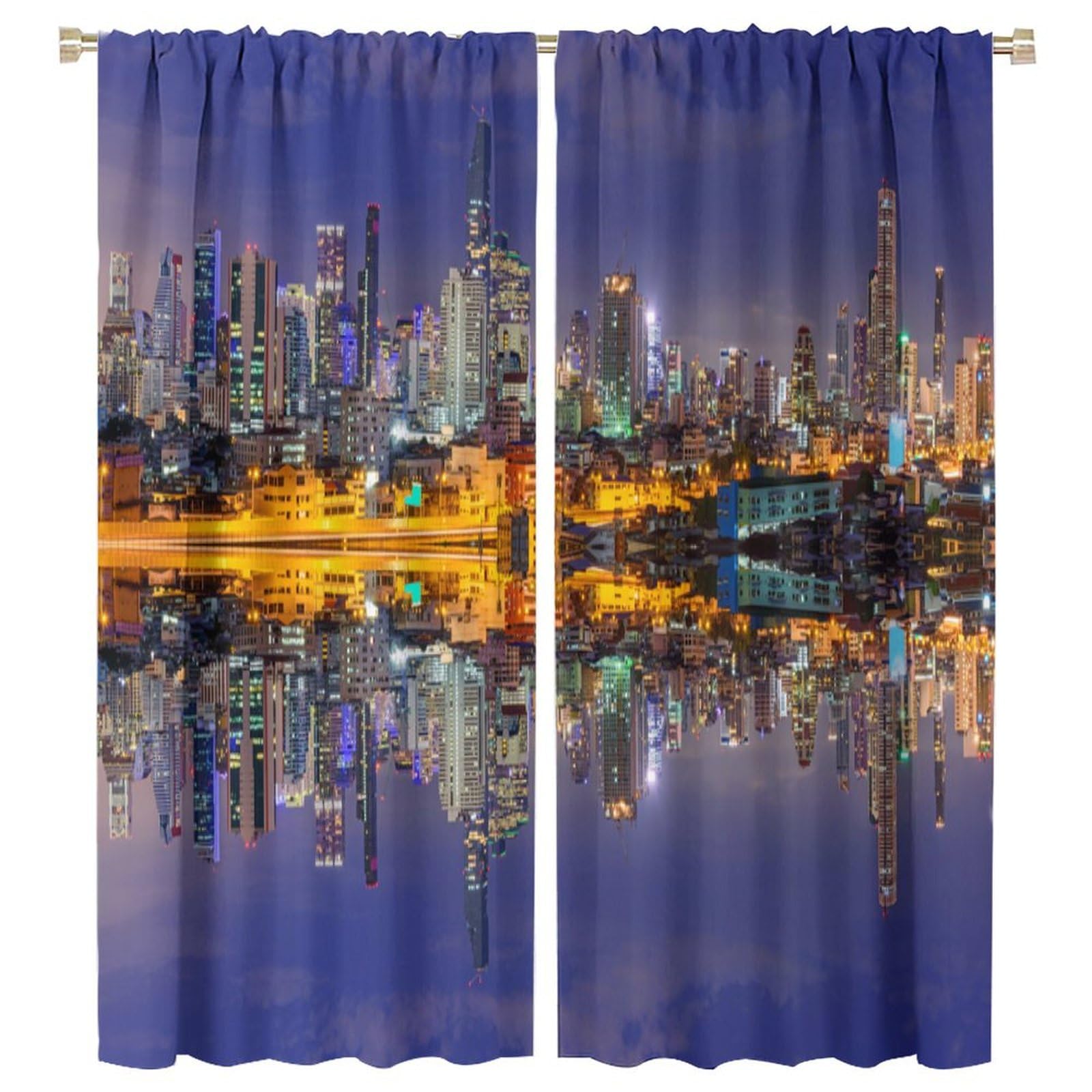 Landscape Curtains, Cityscape Scenery of New York City at Midnight USA Ocean Reflection Coast Photo Thermal Insulated Room Darkening Curtains for Living Room Bedroom Drapes 2 Panels 55x63in