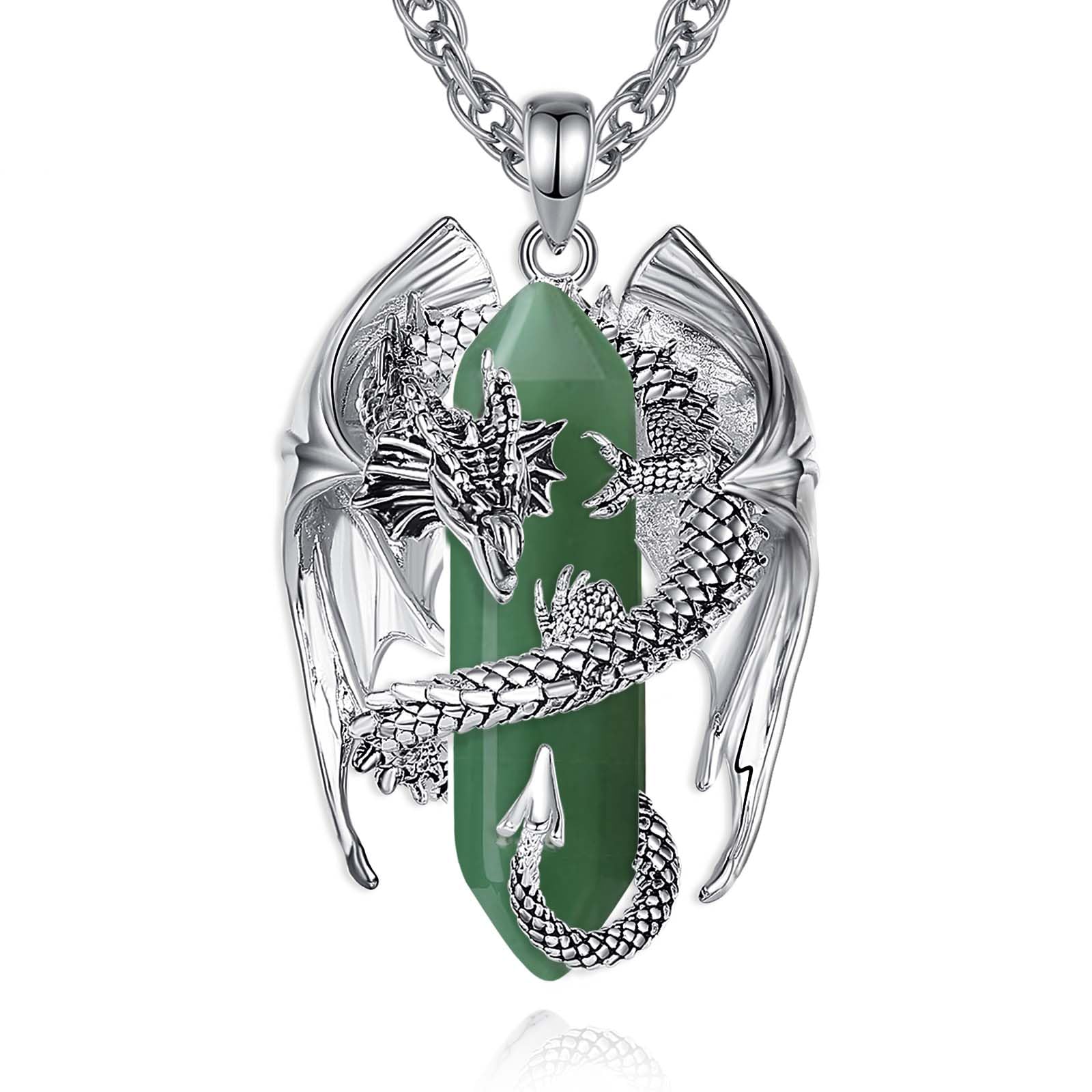 INFUSEU Crystal Dragon Necklace, Nordic Dragon Wrapped Cylinder Gemstone Crystal Pendant Hexagonal Healing Crystal Pendant Gothic Natural Crystal Jewelry Gift for Men Women