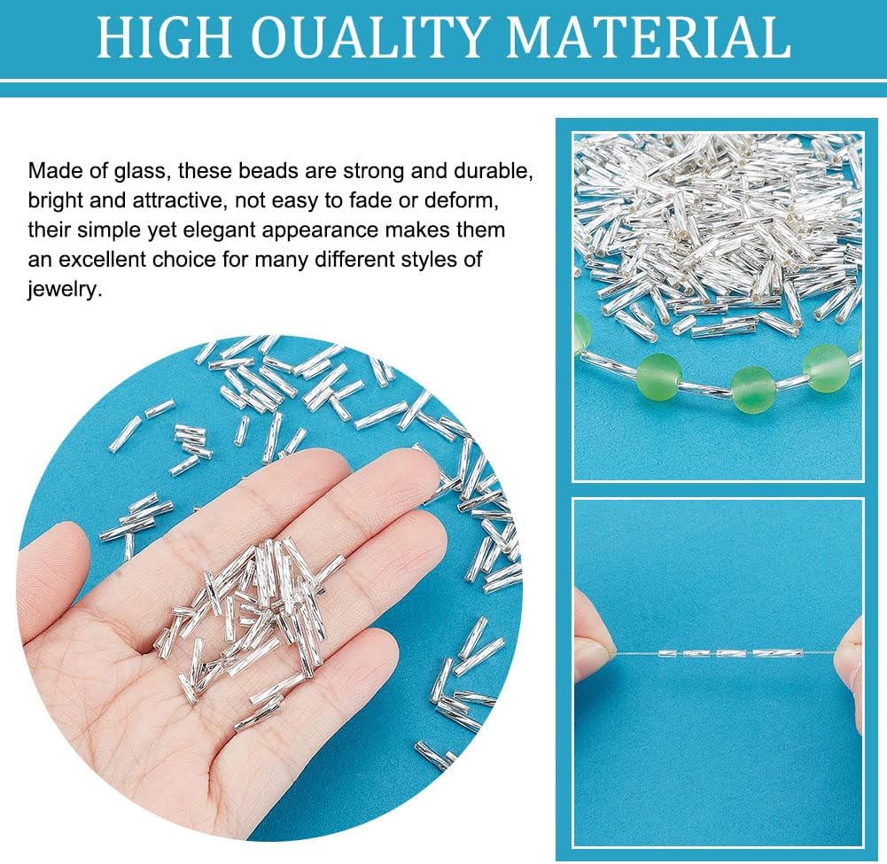 PH PandaHall 1600Pcs 4 Sizes Glass Bugle Beads, Silver Long Tube Seed Bead 5/6/9/12x2mm Loose Spacer Bead with 0.5mm Round Hole for Earring Bracelet Neckalce Jewelry DIY Craft Making Dress Decor - Image 5