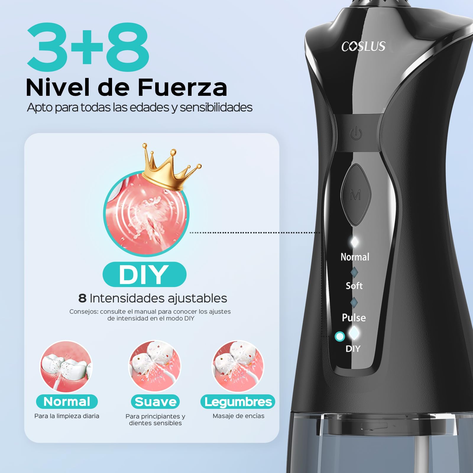 COSLUS Irrigador Bucal Portatil Irrigador Dental:4 Boquillas 4 Modos Recargable Limpiador de Riego para Limpieza Dental, 300ML IPX7 Impermeable Limpieza Dientes Para el Hogar y los Viajes Negro