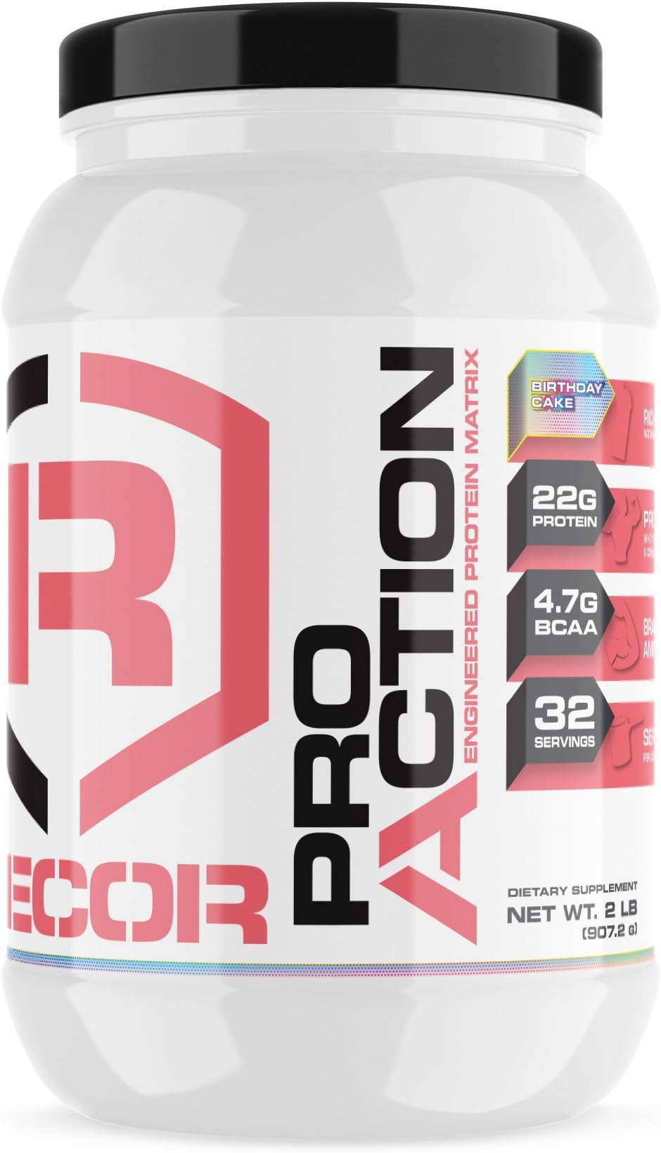 RECOR Pro Action Whey Protein (22g Protein, 5g BCAA, Prevent Muscle Metabolism, Increase Lean Muscle Mass, Increase Recovery, Suppress Appetite) – 2lb Jar – Birthday Cake