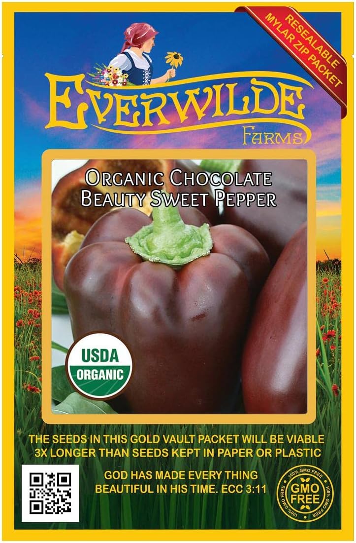 Everwilde Farms - 1 Oz Organic Chocolate Beauty Sweet Pepper Seeds - Gold Vault Packet