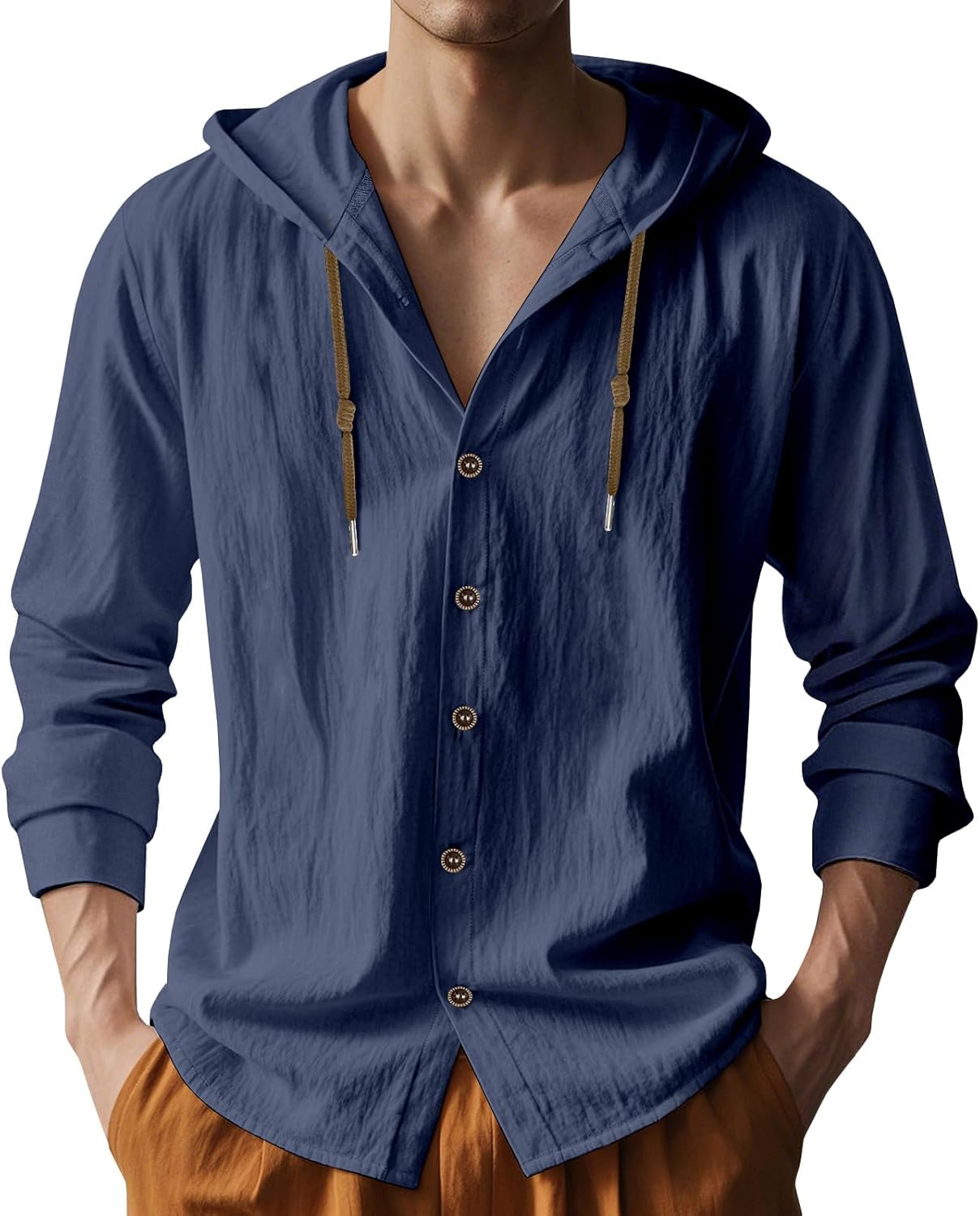 Men Cotton Linen Long Sleeve Button Down Shirt Summer Casual Hawaiian Beach Tops Lightweight Fashion Hoodies