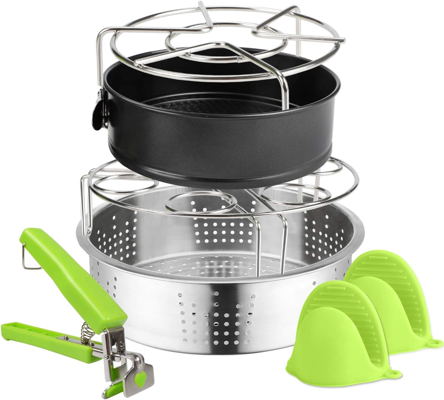 6 PACKS Accessories Compatible with Instant Pot 6, 8Qt Steamer Basket Steamer Base Springform Pan Egg Steamer Rack Silicone Oven Mitts Plate Dish Clip for Pressure Cooker Cooking Pot Steamer Pot Pan