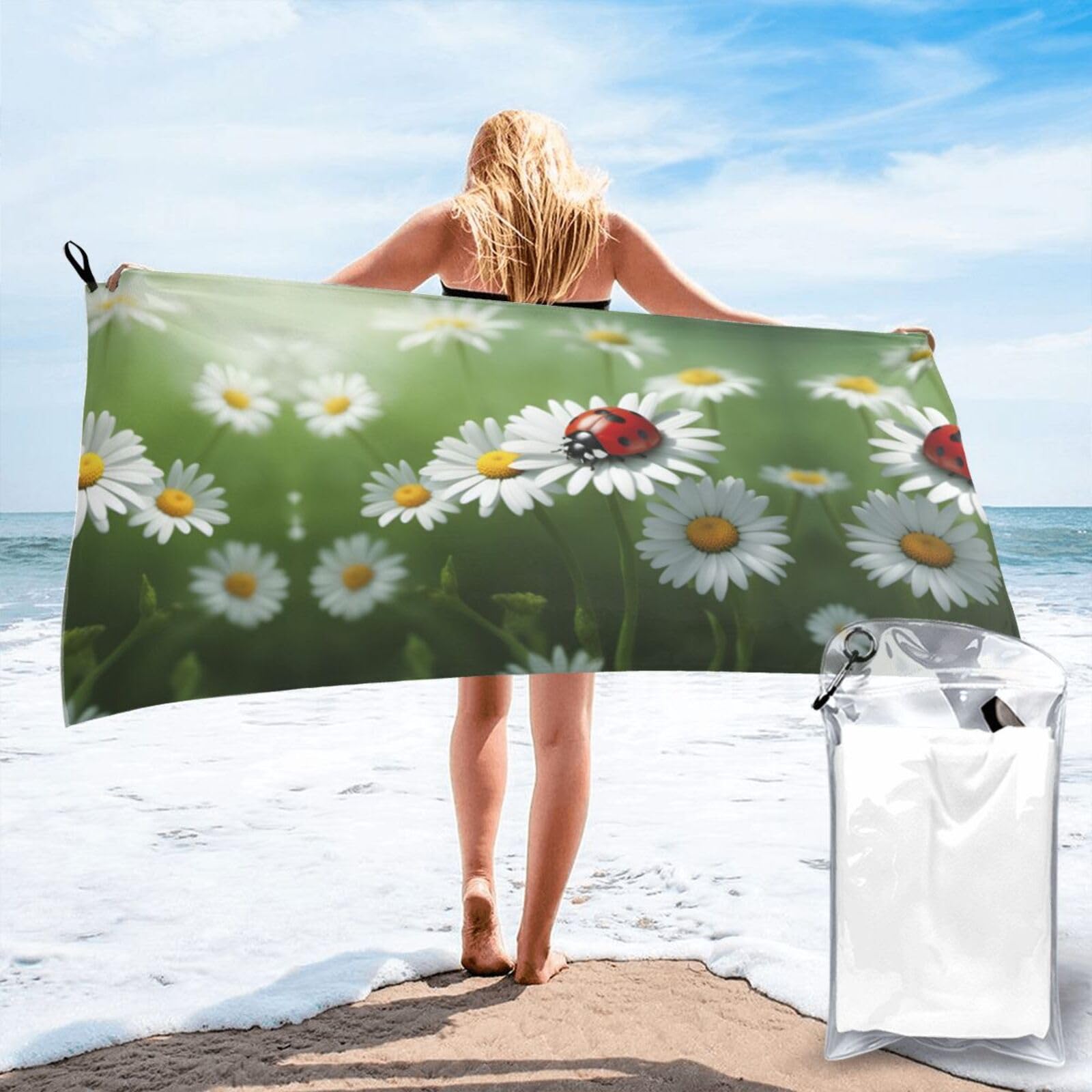 DIEzig Ladybug On Daisy Flower Print Beach Towel Fast Dry Thin For Holiday Vacation Cruise Gym Swimmers