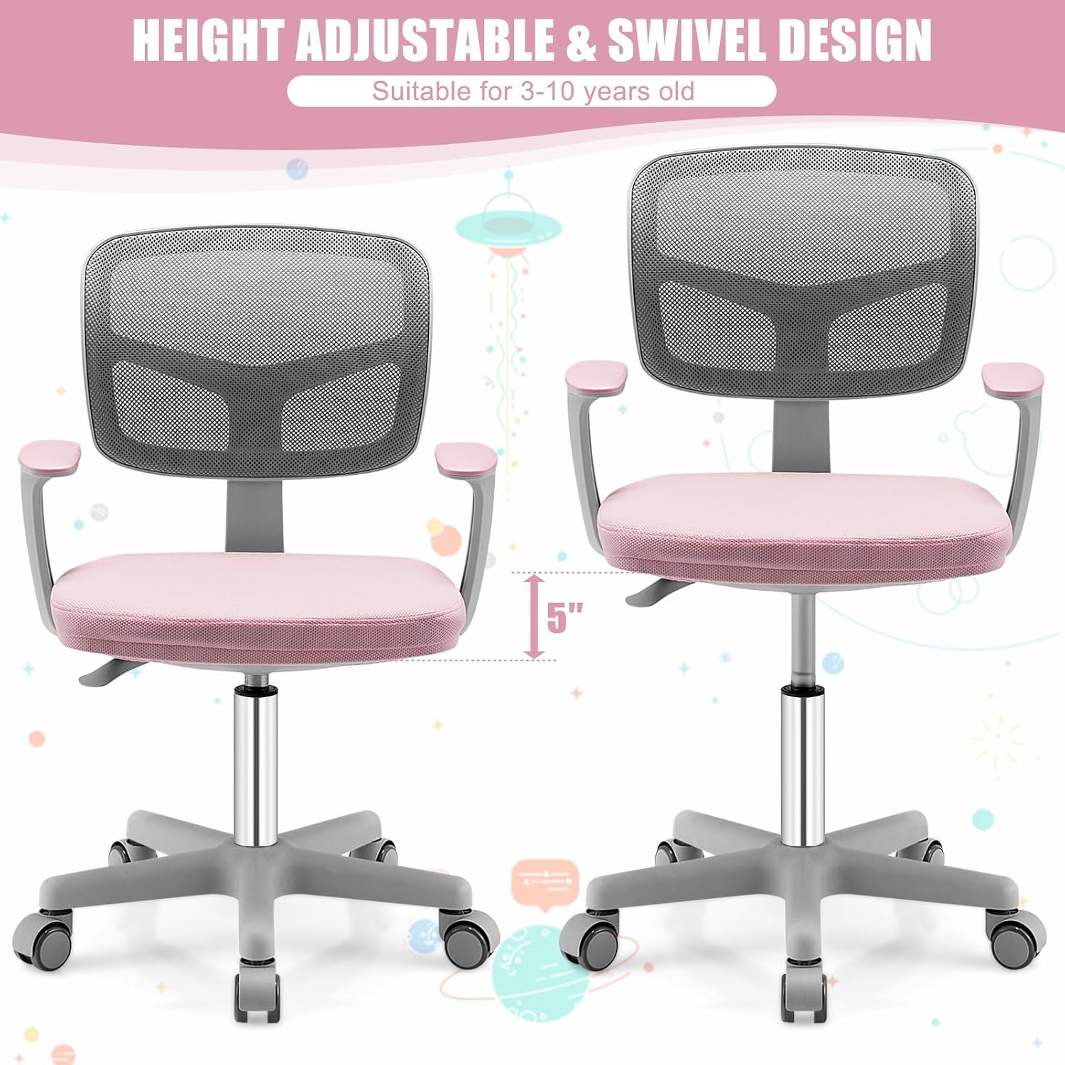 GLACER Kids Desk Chair, Height Adjustable Kids Study Chair w/Arms & Wheels, Swivel, Mid Back, Mesh Rolling Kids Office Chair, Kids Computer Chair for Teens & Child, Home/School/Office