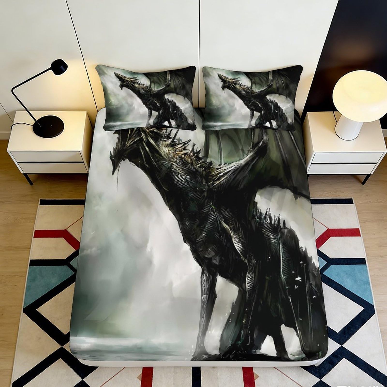 3D Printed Black Dragon Fitted Sheet Microfiber Soft Washable Fantasy Beast Mattress Cover for Bedroom Dorm Decor 90x200x25cm