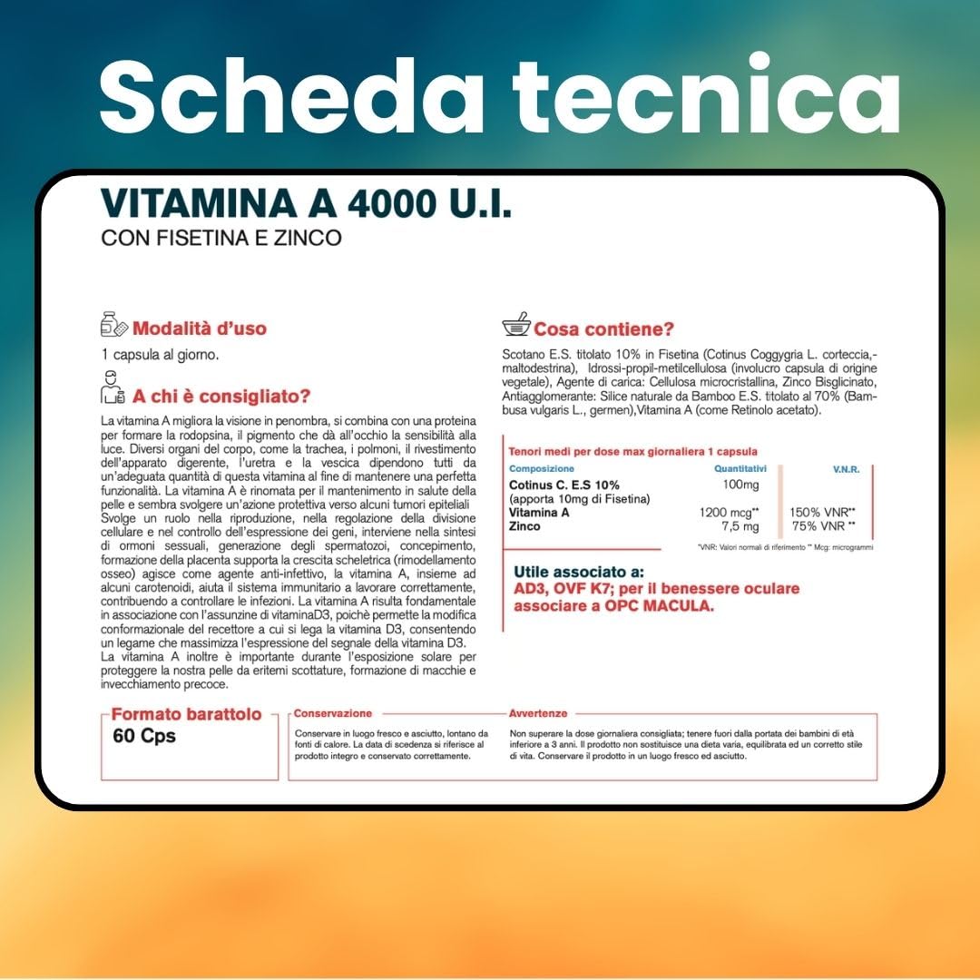 OVF Vitamina A Pura con Fisetina e Zinco - 60 Capsule con 4000 U.I. per dose giornaliera - Supporto alla Vista e al Sistema Immunitario - Vitamina A da Retinolo