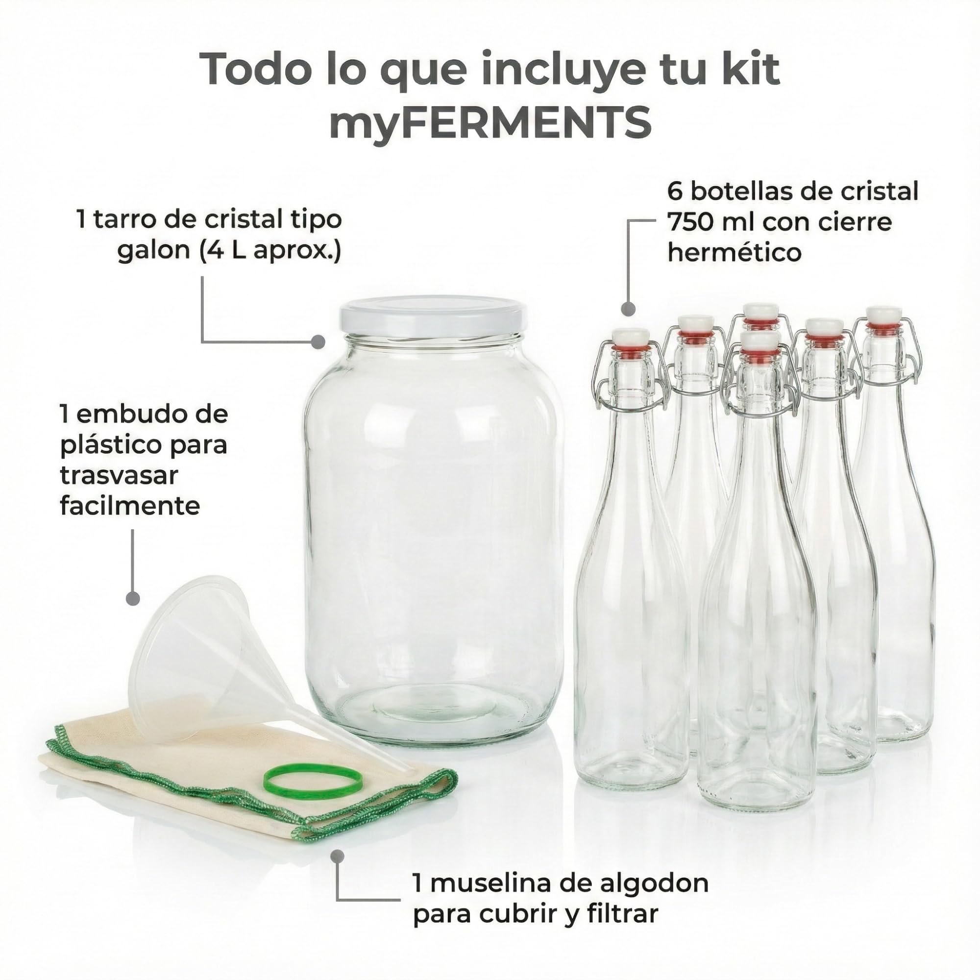 myFERMENTS - Kit Kombucha y Kefir | Bote Grande de 4 L | 6 Botellas de Vidrio con Cierre Hermético de 750 ml | Embudo y Muselina | para Todo Tipo de Bebidas Fermentadas