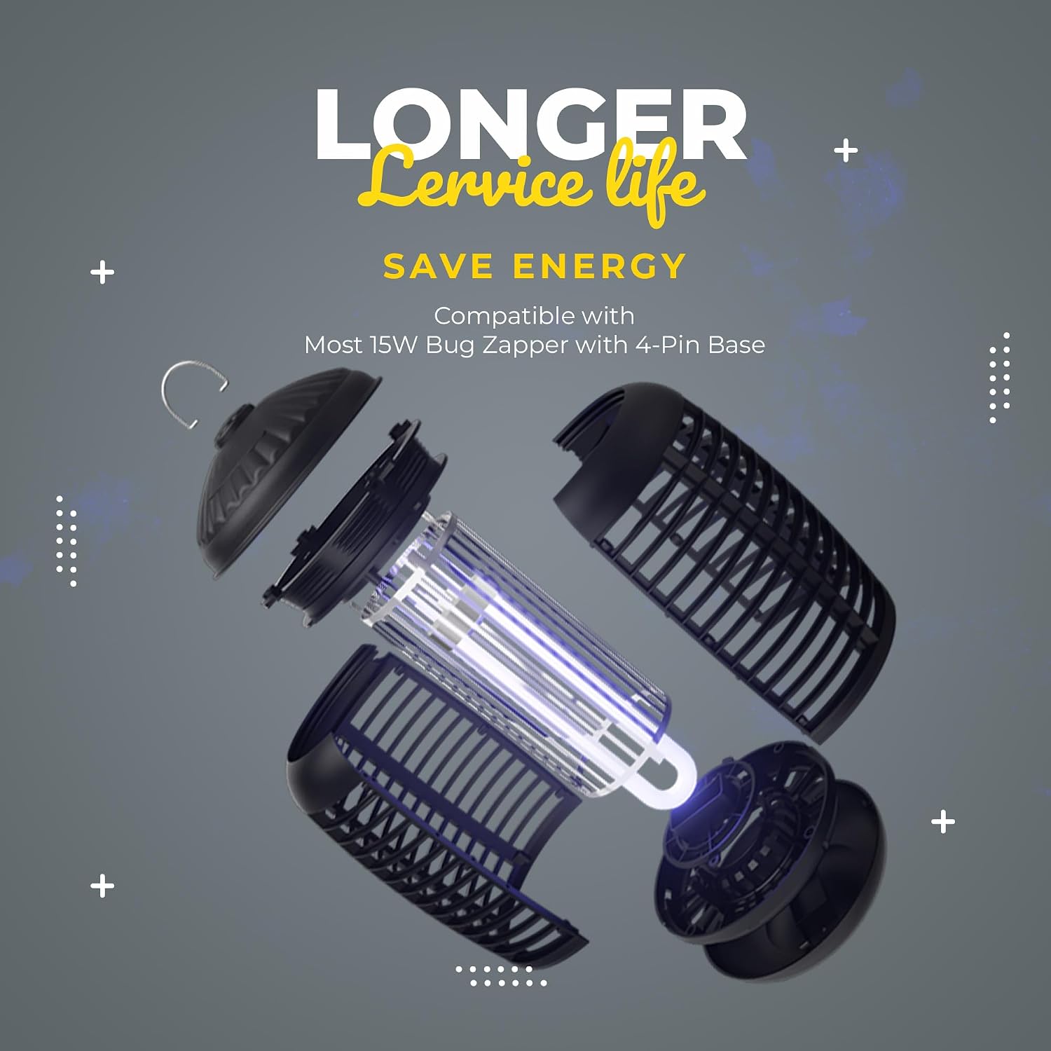 Bug Zapper Replacement Bulb, U-Shaped 15W Four-pin, FUL15W-BL. Dimensions: 7.56 x 1.80 x 0.93 inches