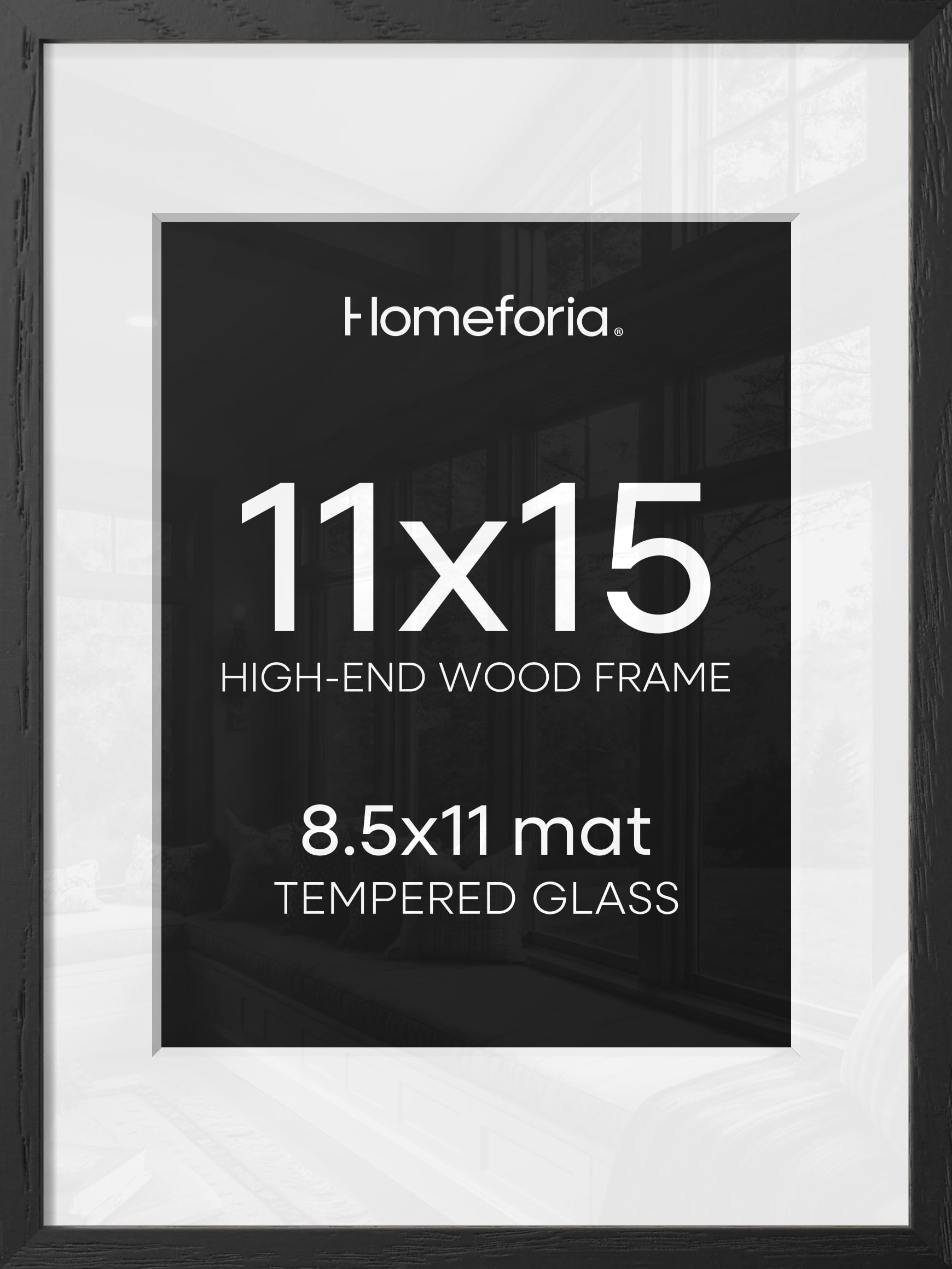 Homeforia 11x15 Black Oak Picture Frame, High-End Wood, 8.5x11 Mat, Glass | High End Solid Oak Wood, Tempered Glass, Acid-Free 8.5x11 Removable Mat, 11x15 Edge-to-Edge Display 15x11, Wall Kit, Set Of 1