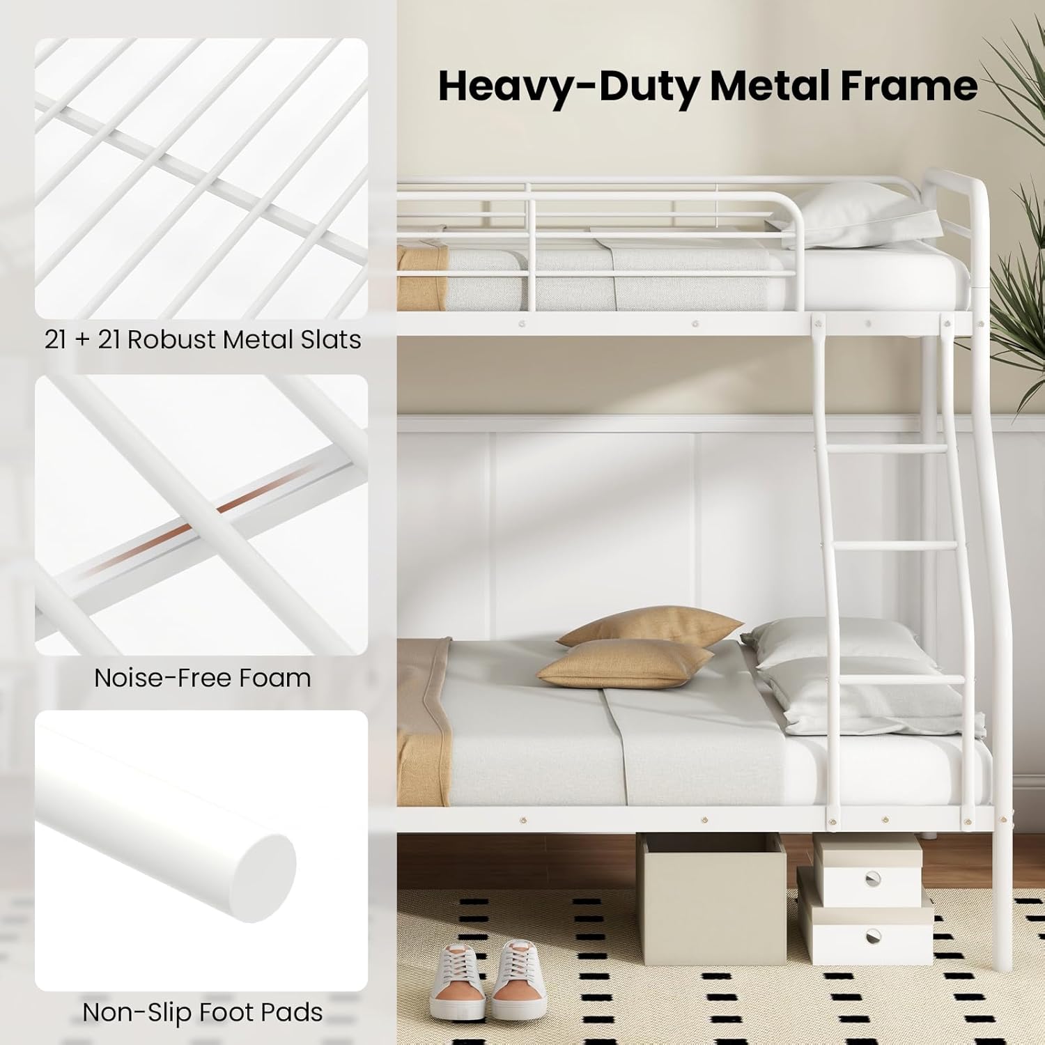 GOFLAME Twin Over Full Bunk Bed, Heavy-Duty Metal Bunk Bed for Teens & Adults with Full-Length Guardrail and Ladder, Space-Saving Bunk Beds Frame for Bedroom, Dorm, No Box Spring Needed (White)