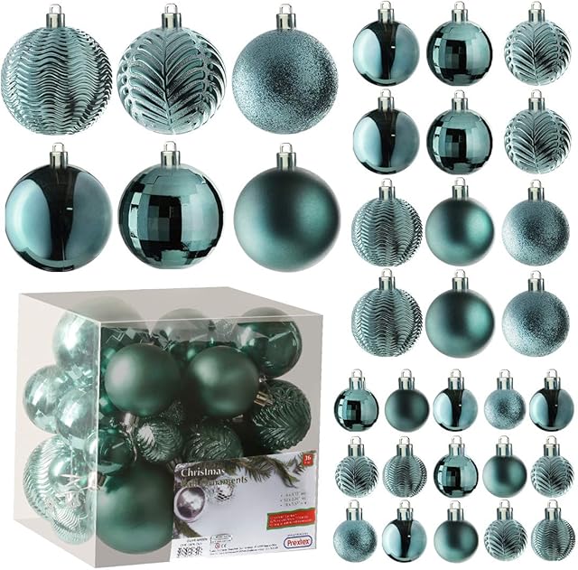 Prextex Turquoise Christmas Ball Ornaments for Christmas Decorations - 36 pcs Xmas Tree Shatterproof Baubles with Hanging Loop for Holiday, Wreath and Party Decorations (6 Styles in 3 Sizes)