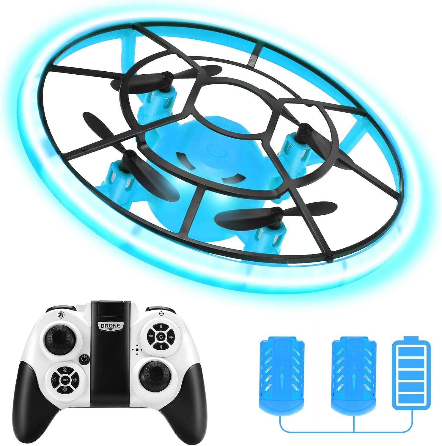 HR Mini Drones For Kids,RC Drone For Beginners With Neno Light,RC Helicopter Quadcopter With Altitude Hold,360° Rotating,Shinning Led Lights,2 Batteries,Kids Gifts Toys For Boys Girls (Blue)
