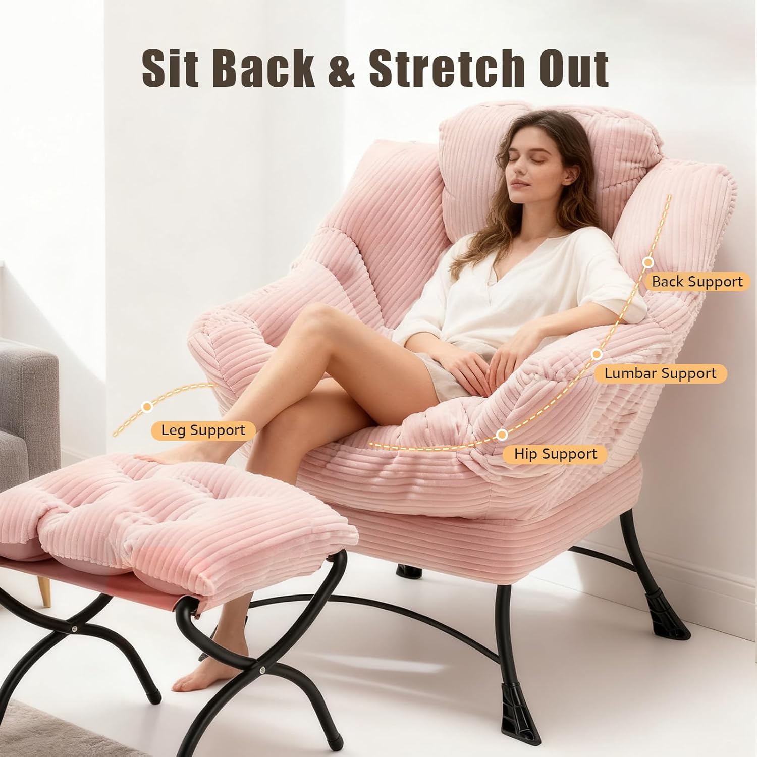 Large Lazy Chair and Ottoman for Adults, Accent Chair Oversized Lounge Armchair with Side Pocket & Footrest, Comfy Reading Chair Leisure Sofa for Bedroom, Living Room, Office (Corduroy, Pink, Single)