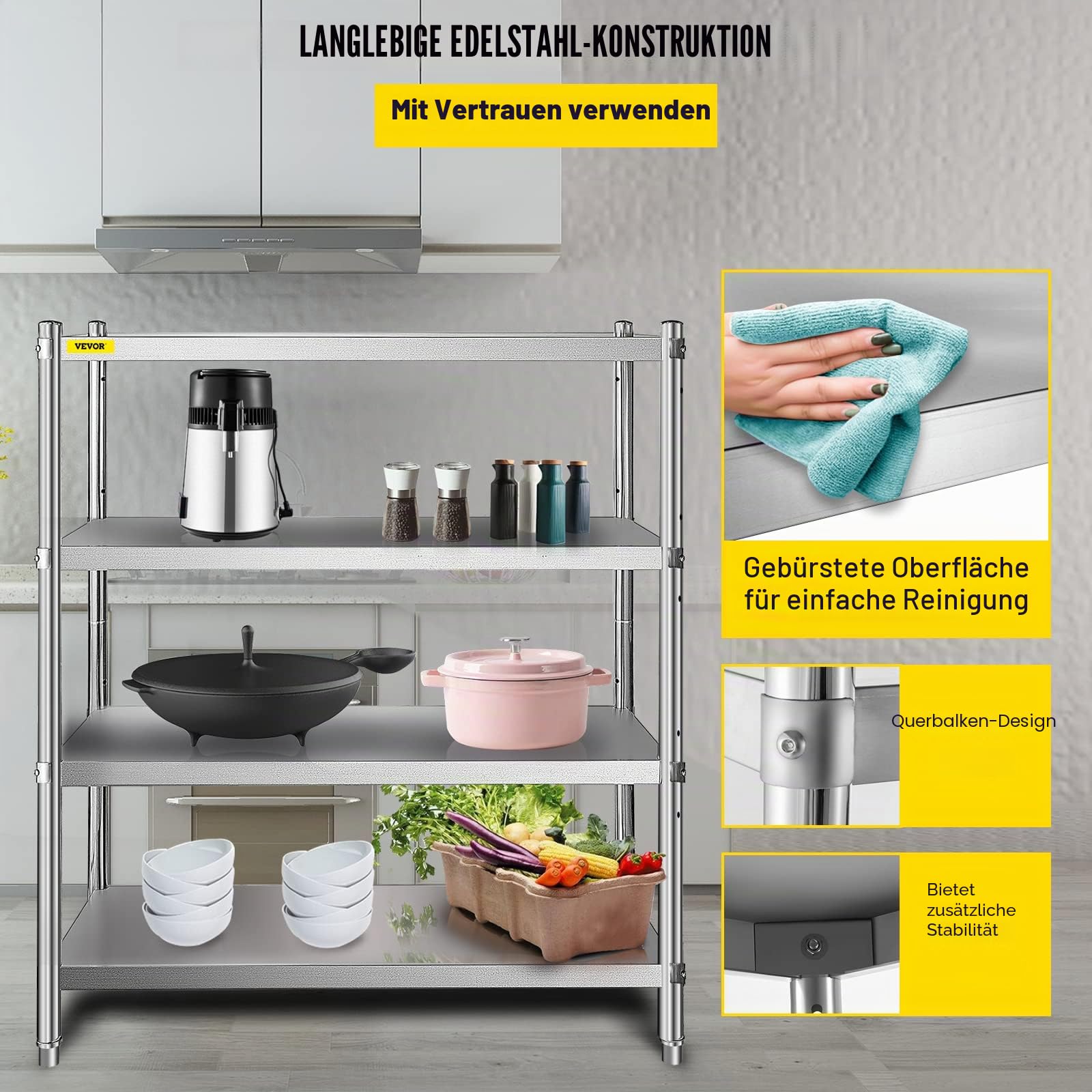VEVOR Edelstahlregal Gastronomie 4 Böden Schwerlastregal Lagerregal 150 kg küchenregale standregal 122 x 48 x 150 cm Standing Shelf Rack