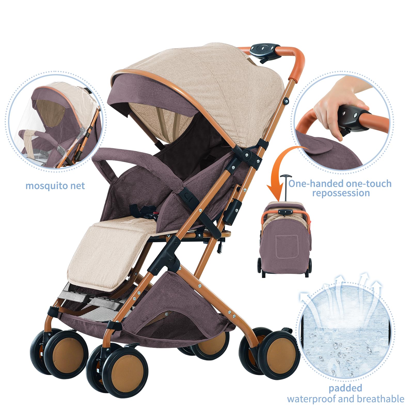 Homewell Federleichter Reisebuggy Faltbar, Kinderwagen, Liegefunktion, flache Liegeposition, kompakter Buggy inkl. Moskitonetze & Matten, 98 * 71 * 45cm (Khaki)