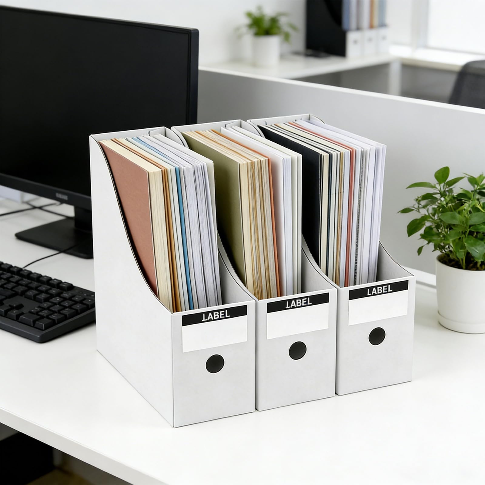 12 Stück Stehsammler A4 Zeitschriftensammler Pappe 26 x 9 x 27 cm Ordner Organizer mit Beschriftungsetikett für Datei, Schreibwaren, Bürobedarf, einfache Lagerung (weiß)