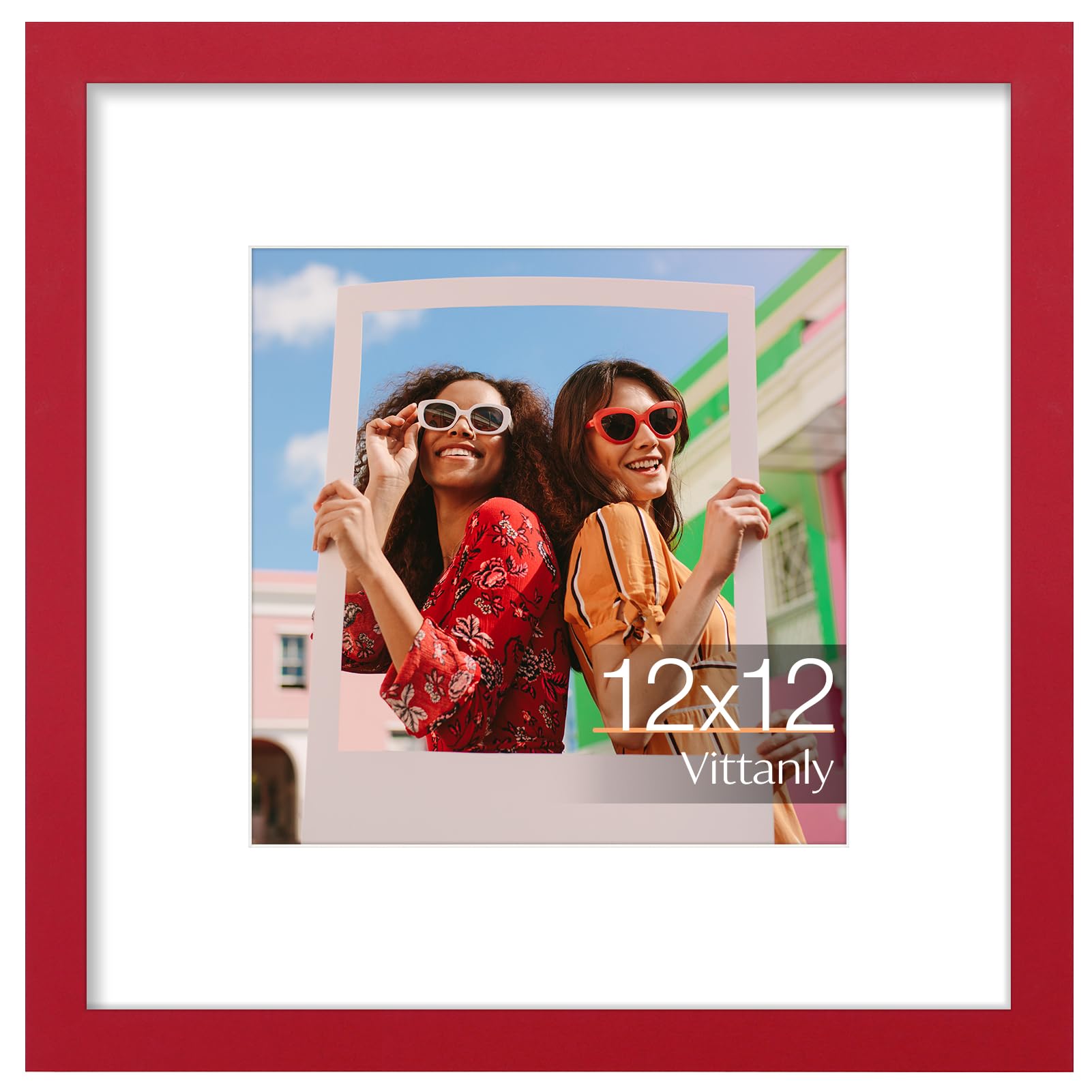 Vittanly 12x12 Picture Frame, Engineered Wood with Shatter Resistant Plexiglass, Display Pictures 8x8 with Mat or 12x12 without Mat, Square Frame for Wall Mounting, Home Decor, Red, 1 Pack — image 1