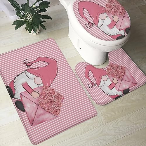 Miniatura 3 de Royalours 3 juegos de alfombras y tapetes de baño de San Valentín alfombras de baño de gnomo antideslizantes rosas de amor rosas sobre paisaje