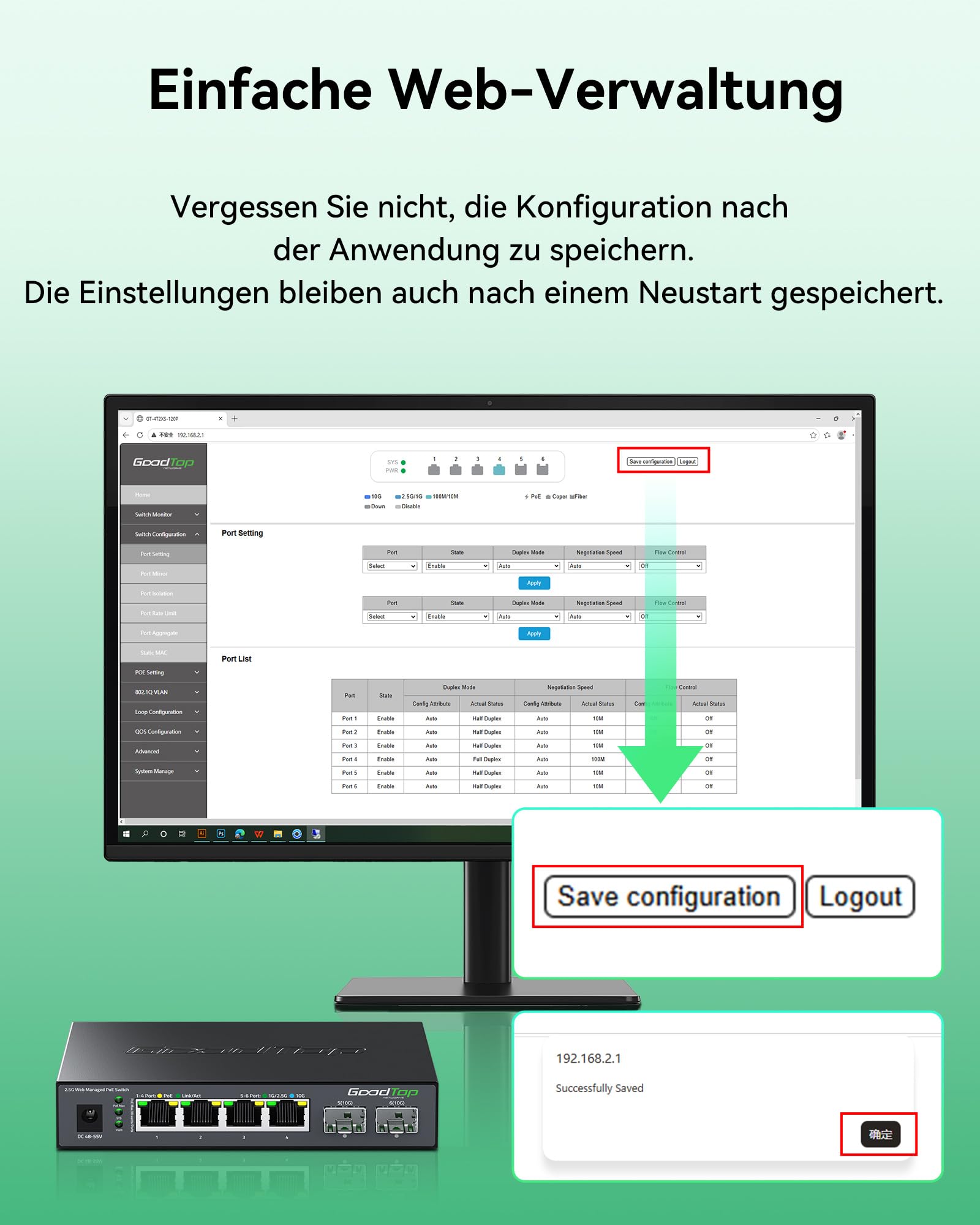 2.5 Gbit Managed PoE++ Switch 6-Port: 4 x 90W PoE 2 x 10G SFP+, 105W Budget | IEEE 802.3bt | 4x 2,5G PoE++ & 2x 10G SFP+ | VLAN/LAG/QoS/DHCP | Lüfterlos | Metallgehäuse | Für Wi-Fi 7 APs, Kamera