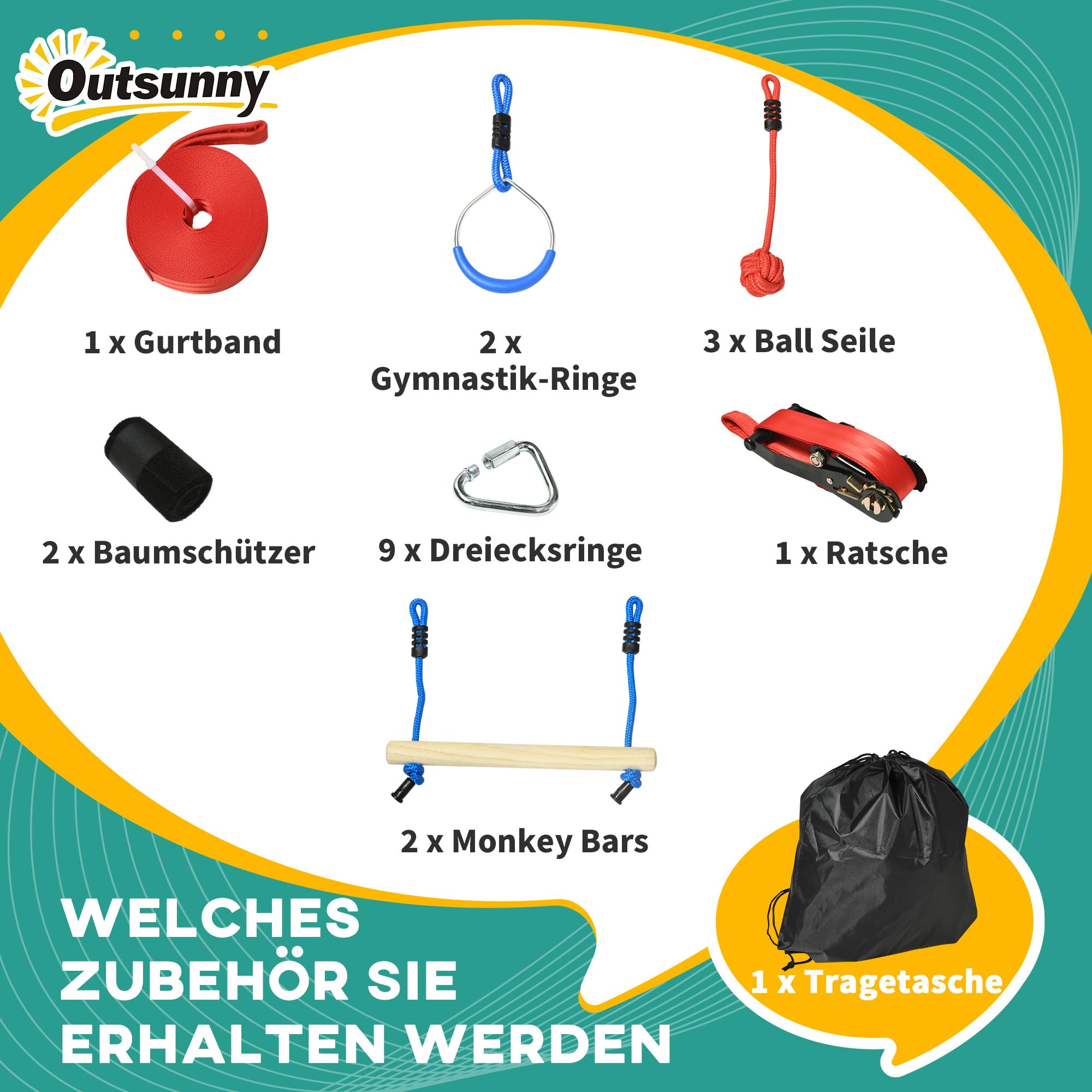 Outsunny Ninja Line Kinder 10m Slackline Set mit Hindernissen, Klettergerüst, Turnringe, Baumschutz, Outdoor Spielset Ausrüstung für 3-6 Jahre Kinder Mehrfarbig