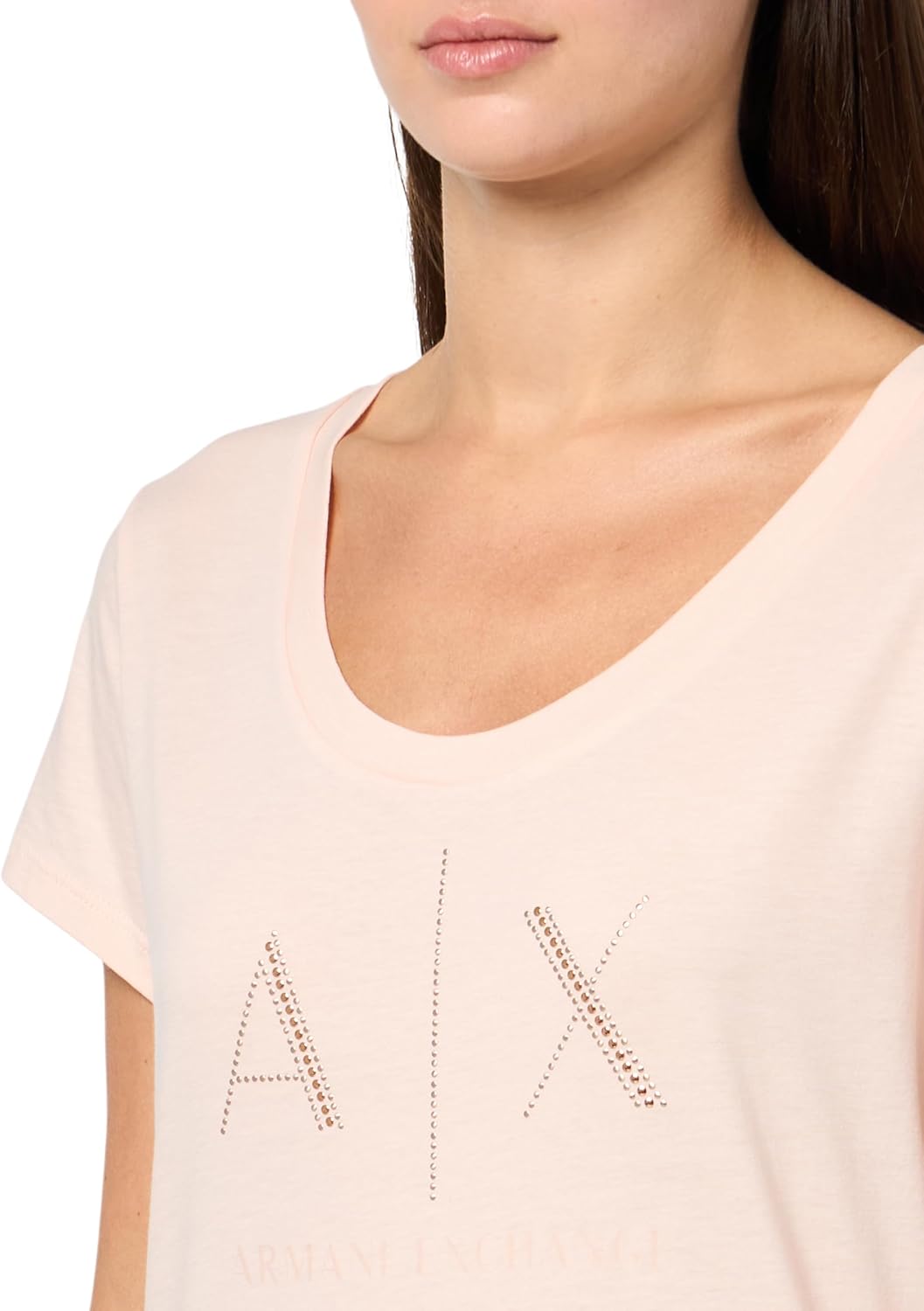 Armani Exchange Women's Rhinestone Scoop Neck Logo Tee, Vegas, Large - Image 3