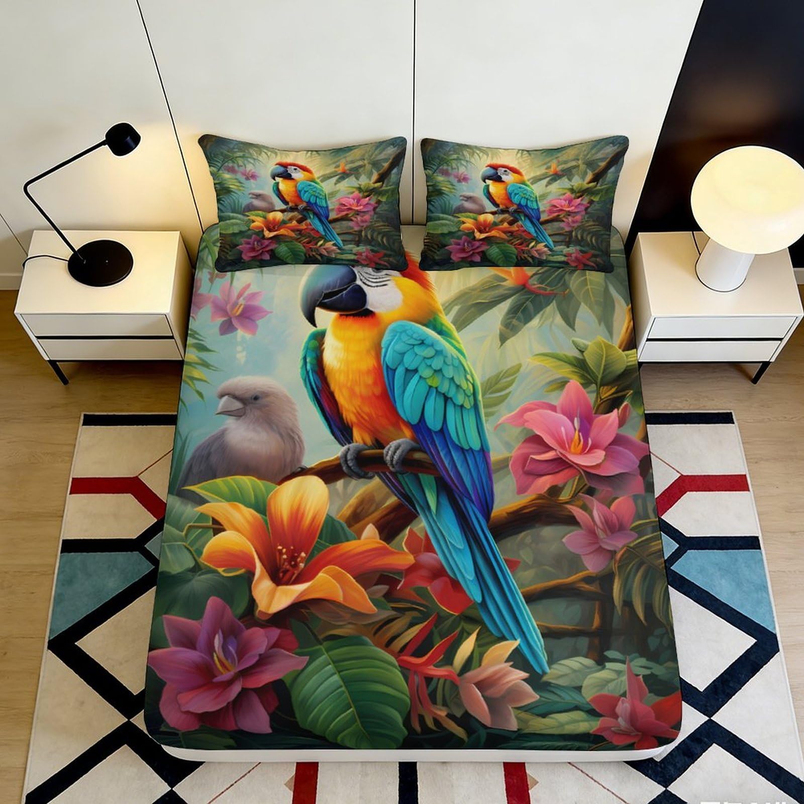 3D Printed Tropical Parrot Fitted Sheet Microfiber Vibrant Jungle Flowers Mattress Cover for Bedroom Decor Dorm 90x200x25cm