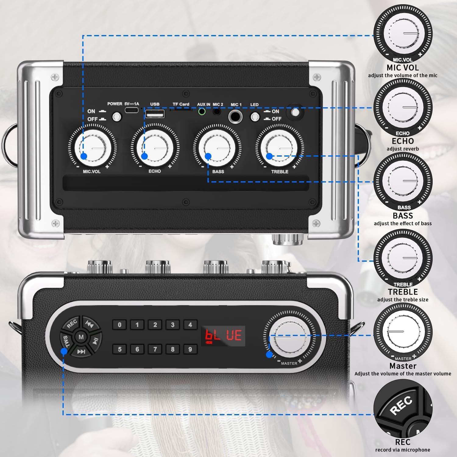 Karaoké avec 2 Microphones sans Fil, Enceinte Bluetooth 5.3 Portable avec Lumières LED, Réglage des Basses et des Aigus, Système de Sonorisation avec Télécommande, Compatible FM/AUX/USB/TF
