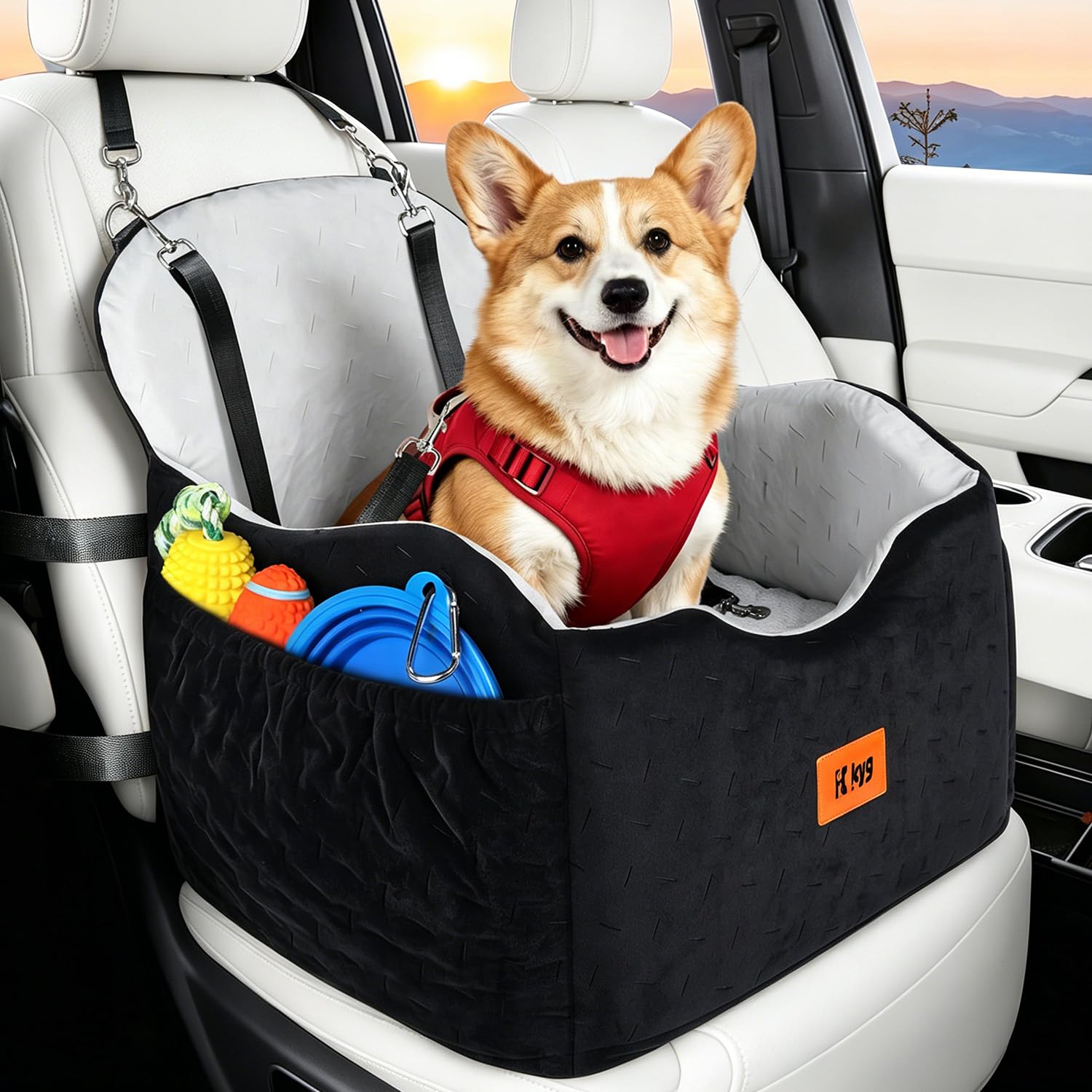 KYG Hunde Autositz für Kleine bis Mittlere Hunde unter 35 lbs | Ganzjährig nutzbar, Extra Stabiler, Waschbarer, Wasserdichter, Zwei Sitzkissen unterschiedlicher Höhe