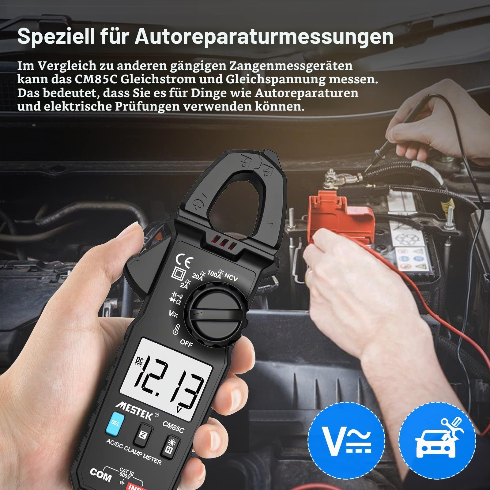 Stromzange Digital Zangenmultimeter MESTEK AC DC Clamp Multimeter Strommessgerät True-RMS 600V 100A Auto-Ranging Amperemeter Strom Spannung Tester Temperatur Widerständ Kapazität Dioden Durchgang NCV