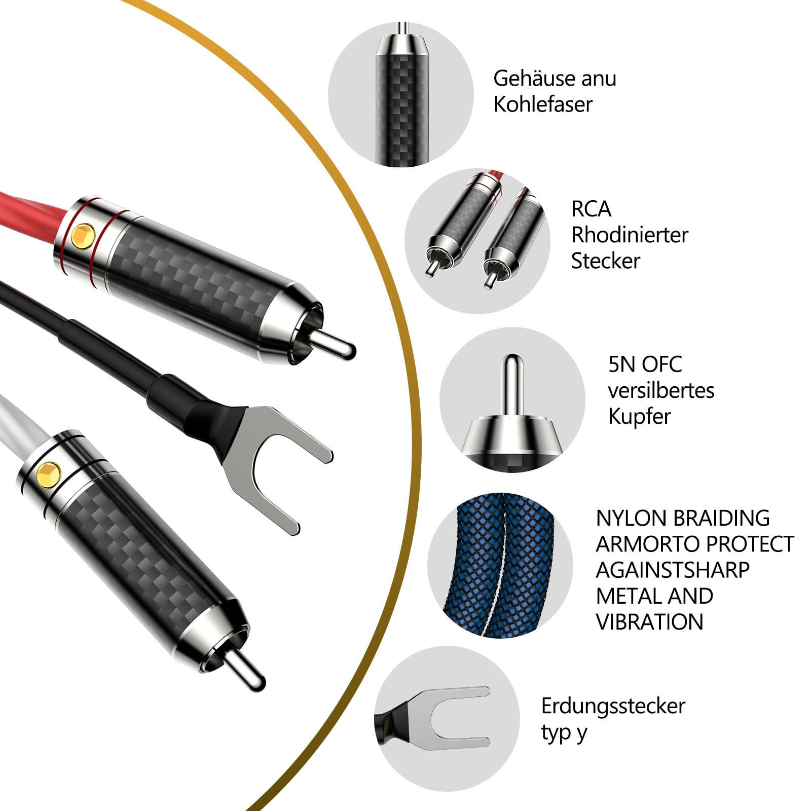 HiFi Phono Cable 5N OFC Cobre plateado con cable de tierra, fibra de carbono, 2 conectores RCA, conector inferior U Spade, conector de audio Phono Tonearm Cable (1.5 m/4.92 FT)
