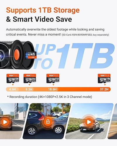 Miniatura 5 de Paquete Vantrue N4PS Dash Cam & CPL, 512GB microSD, 11.5ft USB-C Hardwire Kit, Control Remoto con Bloqueo de Eventos, 4K+1080P+2.5K Cámara de