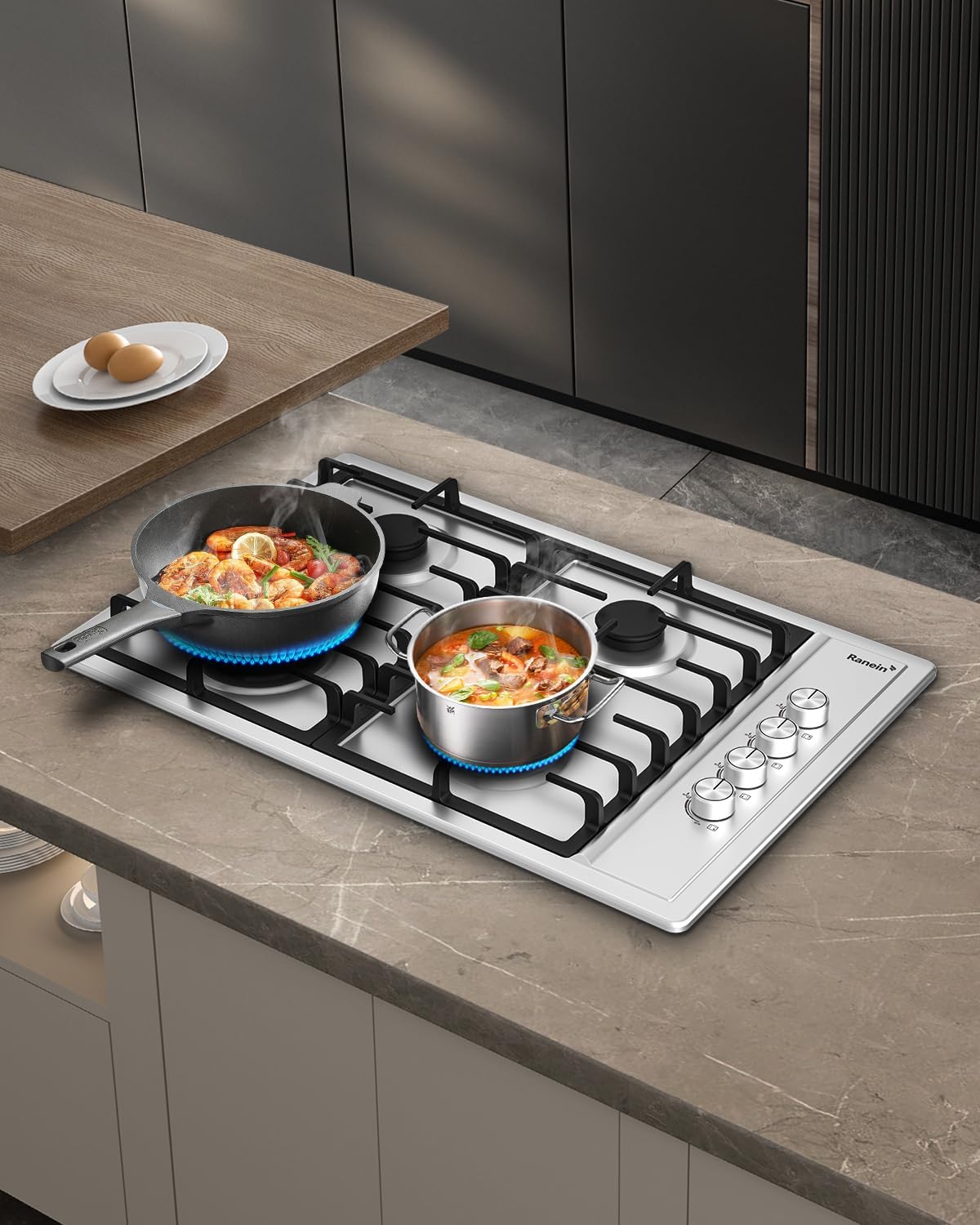 Ranein 30 Inch 4 Burner Gas Cooktop, NG/LPG Convertible Gas Stove Top, 304 Stainless Steel with Thermocouple Flameout Protection for Kitchens, Apartments, RVs