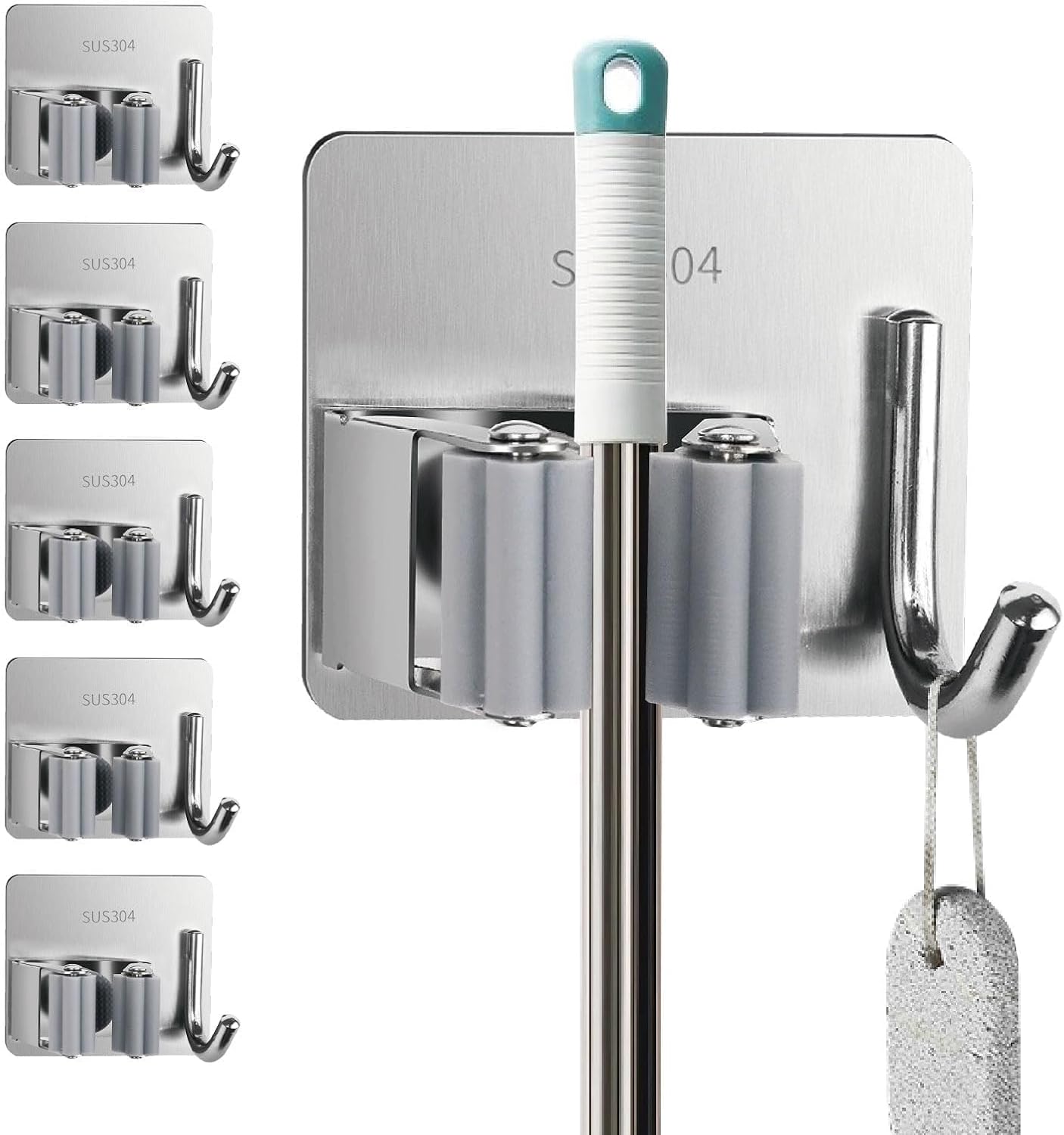 5 Pack Mop and Broom Holder Wall Mount, Stainless Steel Mop and Broom Hanger with Hooks, Mop Broom Organizer for Closet Laundry Garage Garden Tool Organizer (Black)