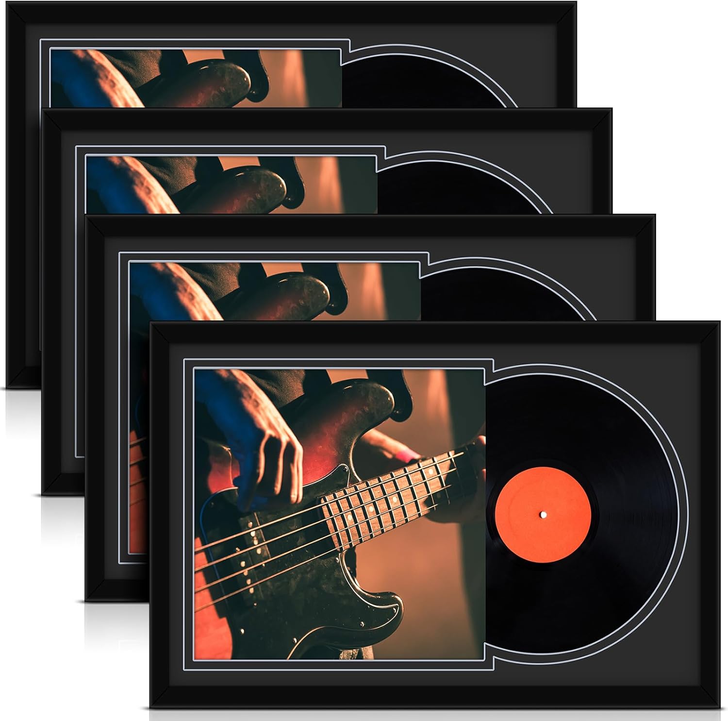 4 Pcs Vinyl Record Display Frame 16x22 Inches Double Groove Record Album Frame and 12.5×12.5 Inch Album Cover Art for Wall Mounting Home Decor (Black Matting)