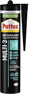 Pattex Montage Multi 3, 3in1 Montagekleber, starker Kraftkleber für fast alle Materialien*, wetterbeständiger Baukleber für innen und außen**, weiß, 1x390g Kartusche