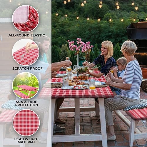 Miniatura 110 de RNOONY Funda de mesa de picnic de poliéster de 8 pies con fundas de banco, resistente al viento y al agua, perfecto para regalos de campamento