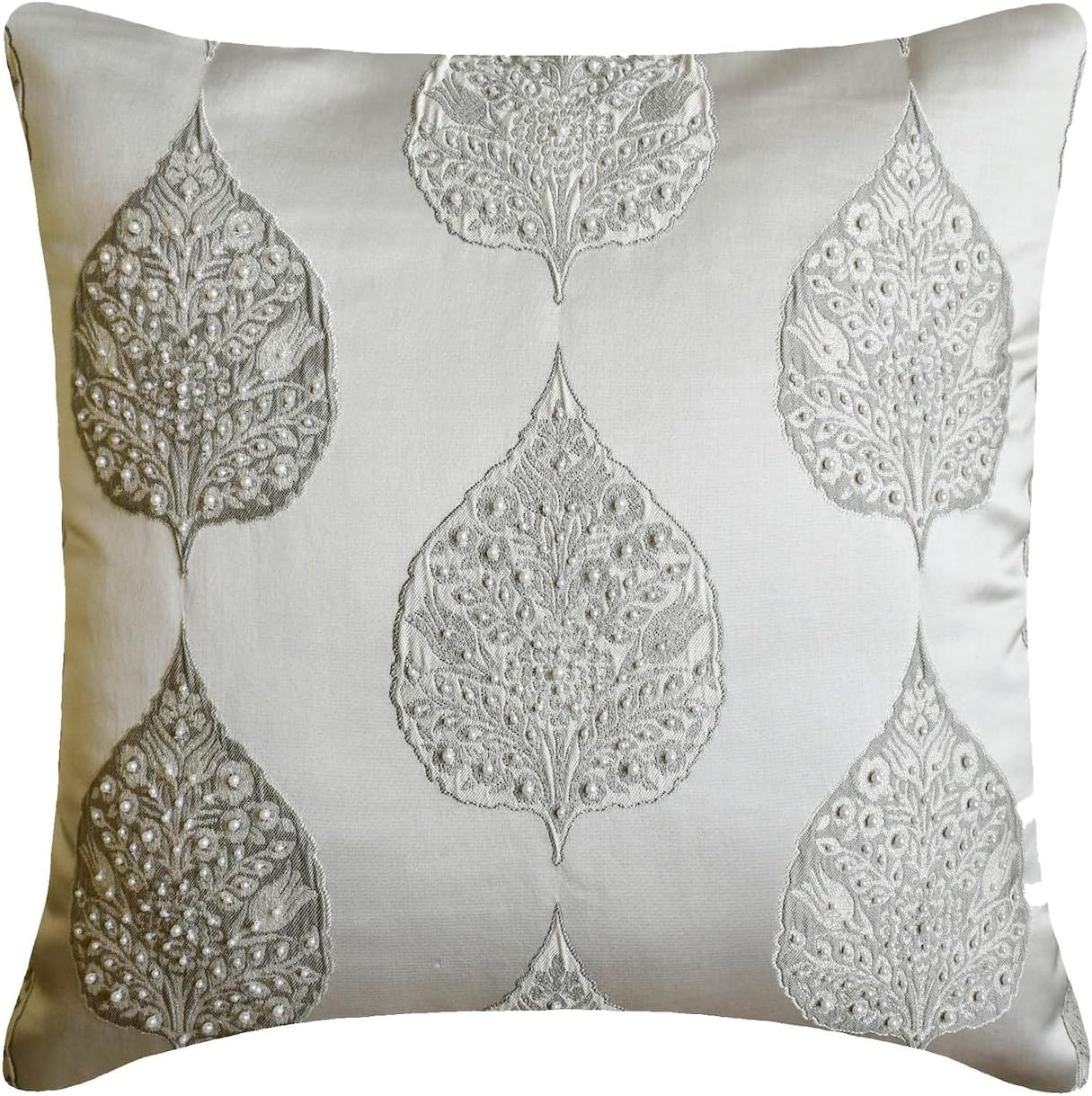 The HomeCentric Cushion Covers, Decorative Grey & Ivory 18"x18" (45x45 cm) Throw Pillow Covers, Silk Jacquard, Lace & Beaded Throw Pillows for Sofa, Geometric Pattern Contemporary - Allotrope