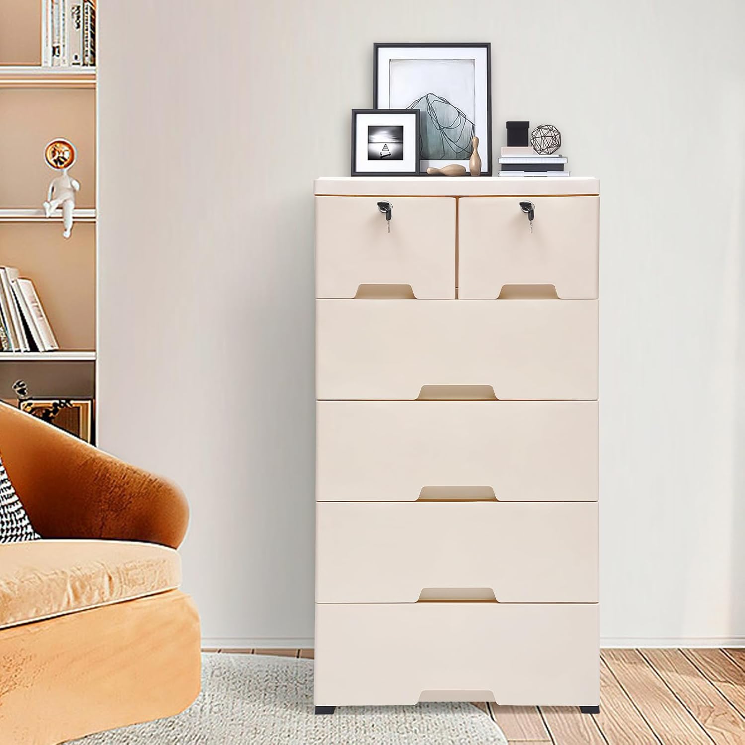 Ringmaster Plastic Drawers Dresser,5 Layers Storage Tower with 6 Drawer,Wheels and Locks,Storage Organizer Rack Movable Storage Cabinet Tall Closet for Bedroom, Living Room (Beige Color)