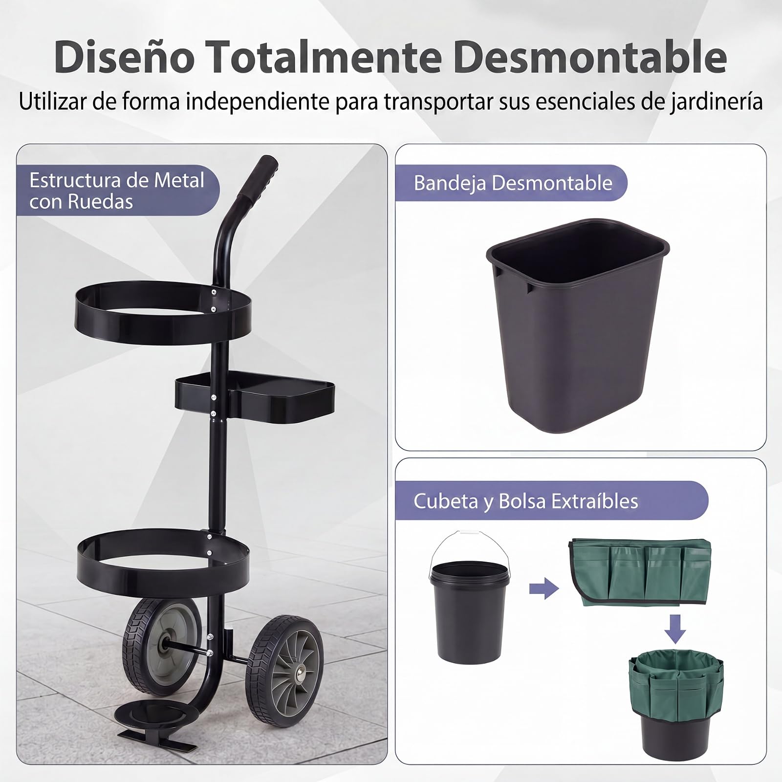GYMAX Carro de Jardín para Herramientas, Carrito de Transporte con Ruedas, Cubo Redondo de 20 L, Cubo Rectangular de 5 L y Bolsa de Tela Oxford, Carretilla Portátil Porta Utensilios de Jardinería