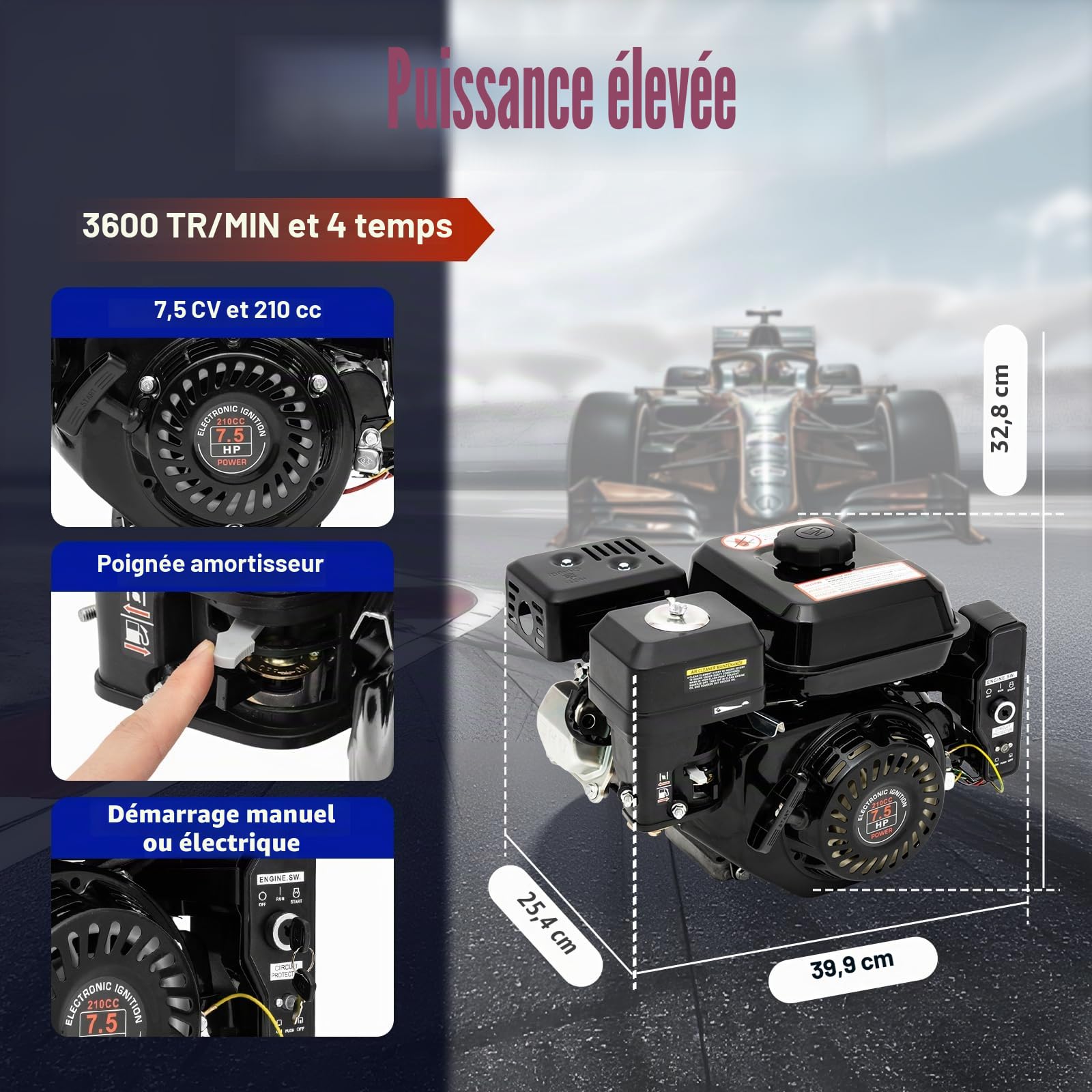 DIFU Moteur à essence 7,5 CV avec démarreur électrique | Moteur 4 temps Go Kart 210cc | Faible consommation de carburant | Moteur de kart à arbre de 20 mm avec fonction d'alarme d'huile pour