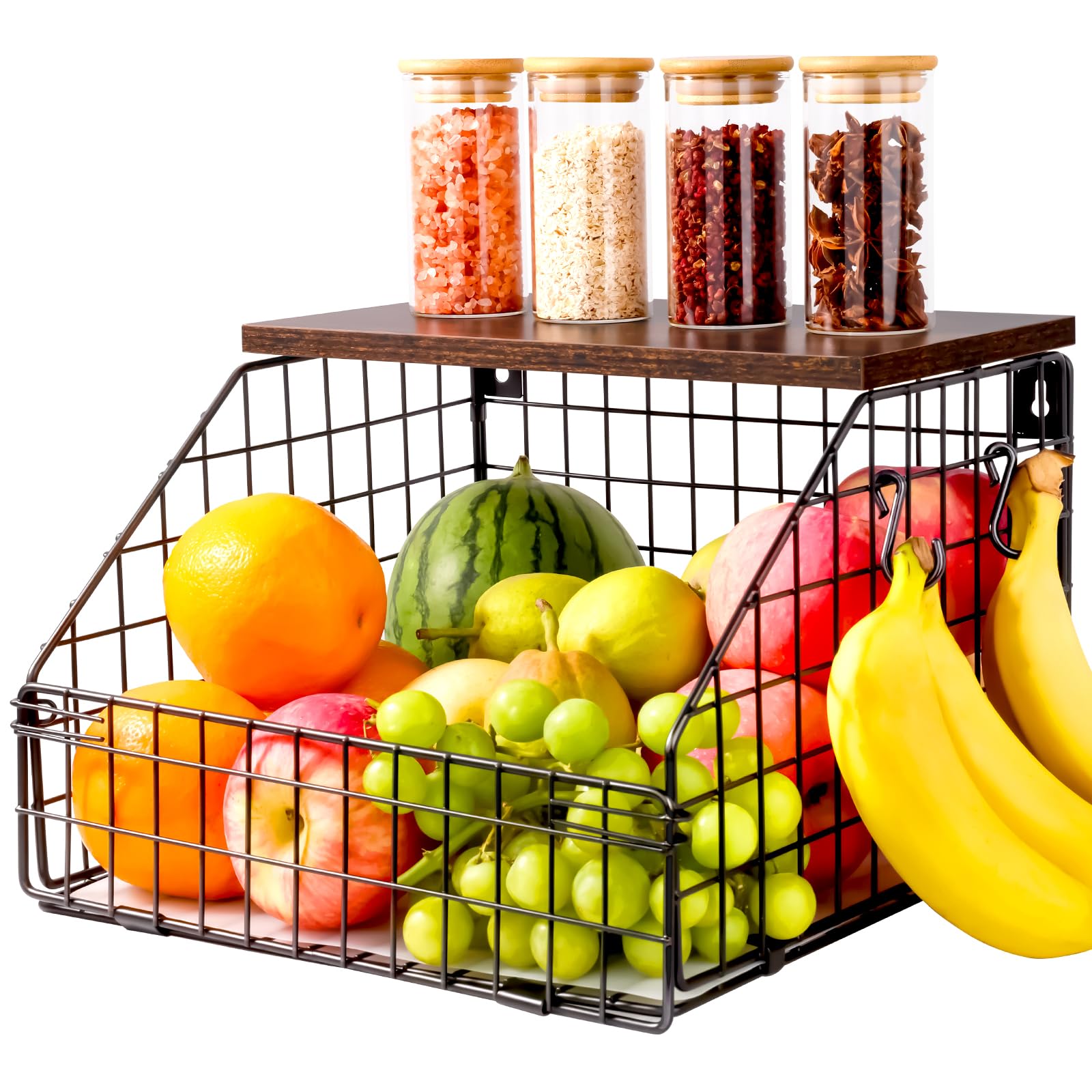 FoiiLiio Obstkorb Hängend Schwarz Obstschale Etagere mit 2 Haken Obst Aufbewahrung Küche Obstkörbe mit Holzdeckel Stapelbar Gemüsekorb Metall für Obst Aufbewahren und Gemüse-30*30*20cm Küche, Haushalt & Wohnen