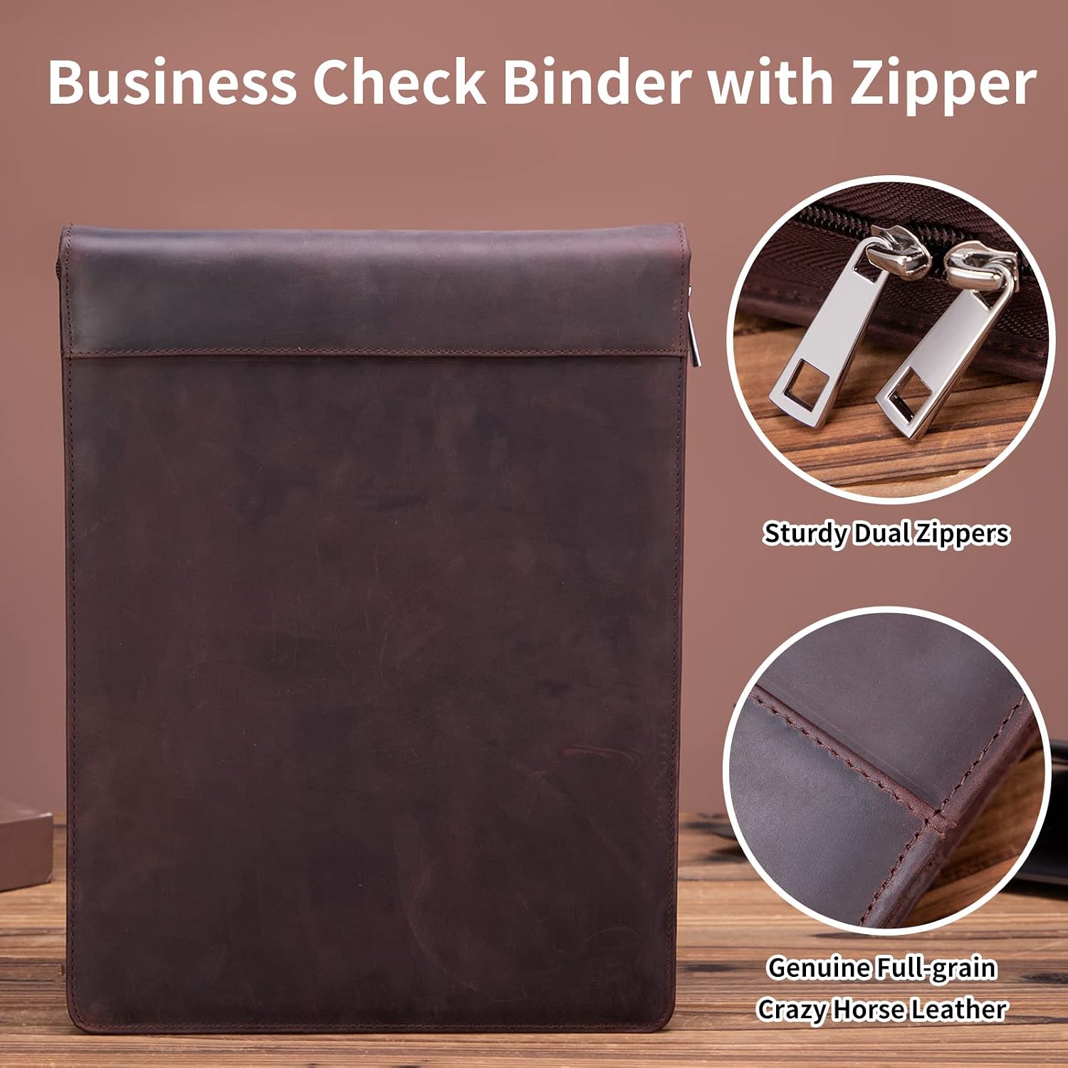 Custom 7 Ring Check Binder, Engraved Genuine Leather Business Checkbook Cover Holder, 3-On-A-Page for 600 Checks (9 x 13”), Desk Commercial Cheque Zippered Folder, Dark Brown
