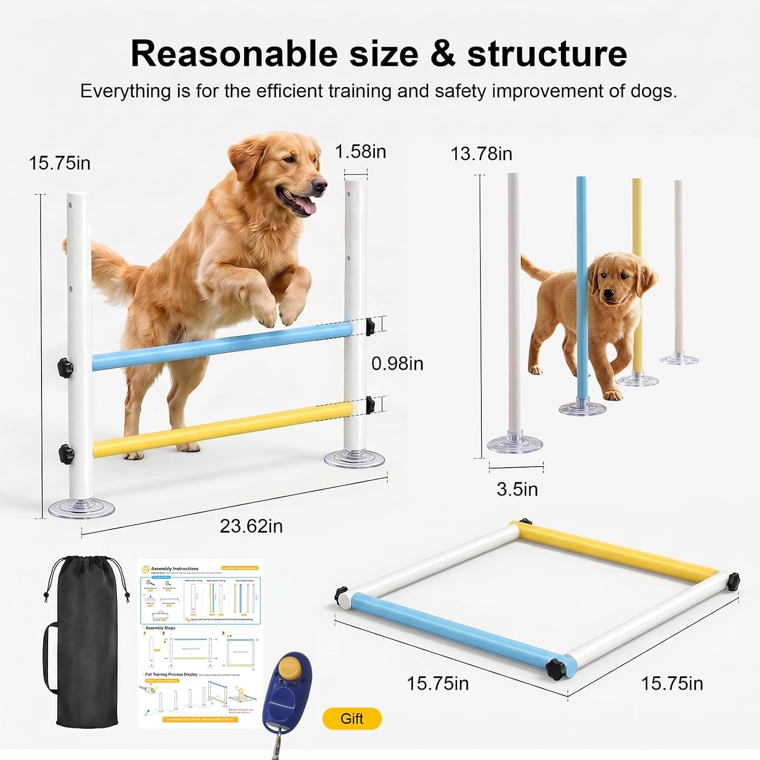 Dog Agility Equipment, 3-in-1 Indoor Wooden Agility Course for Puppy | For indoor puppy exercise; features adjustable wooden hurdle & weave poles with strong suction cups for stable setup
